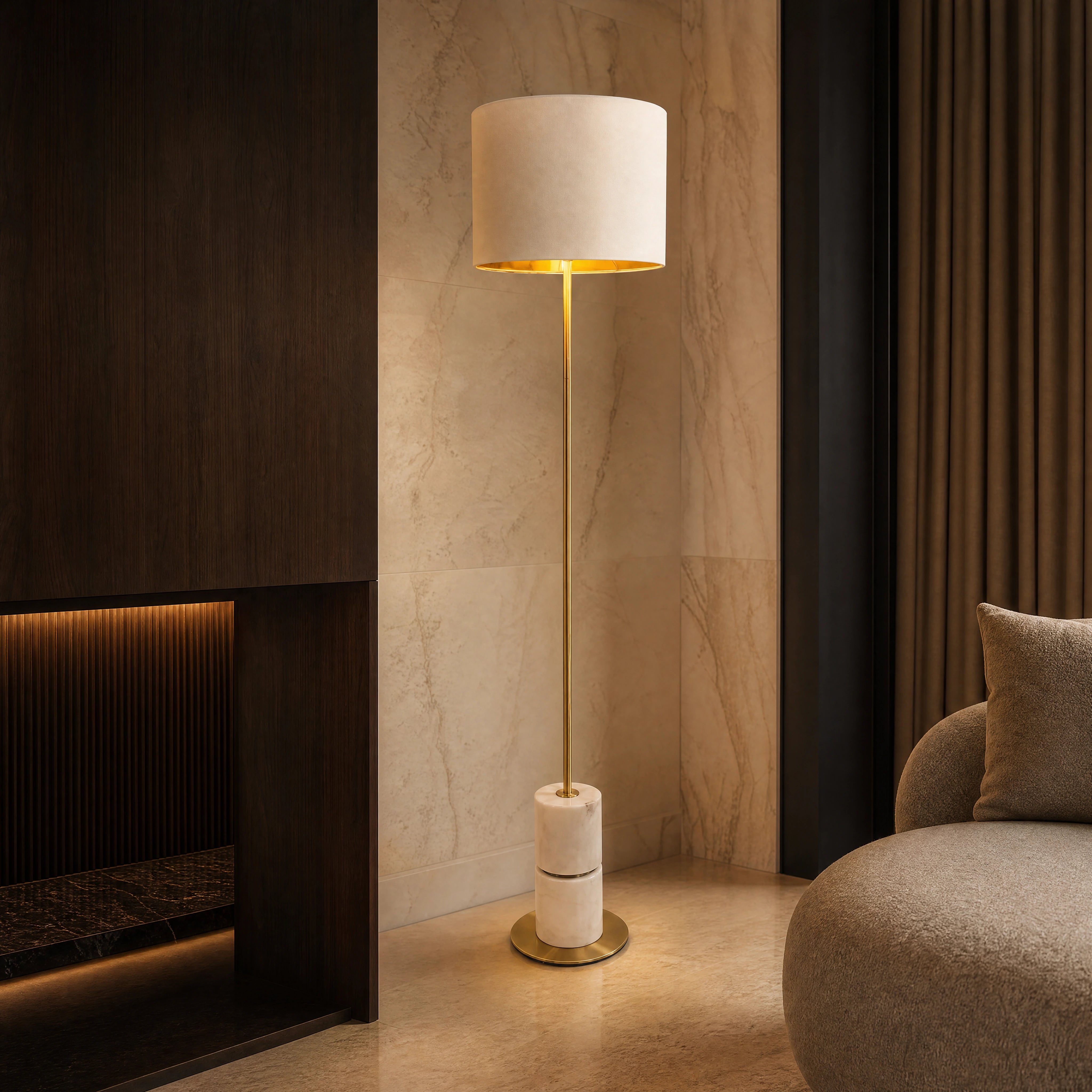Revona Marble Base Floor Lamp close-up luxury lifestyle hero image by VORELLI