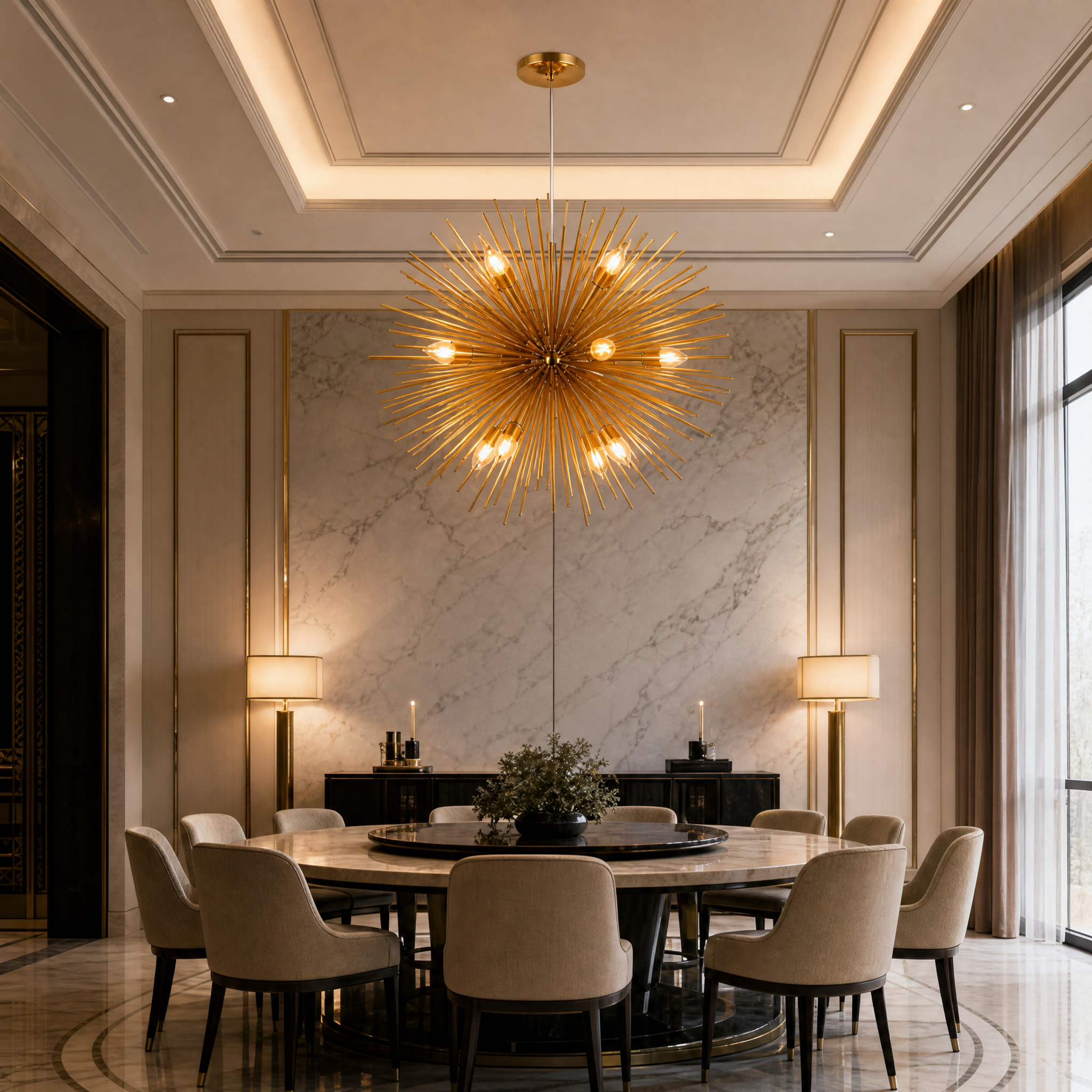 A cluster of VORELLI Riccio pendant lights illuminating a contemporary hospitality lobby space with dynamic character.