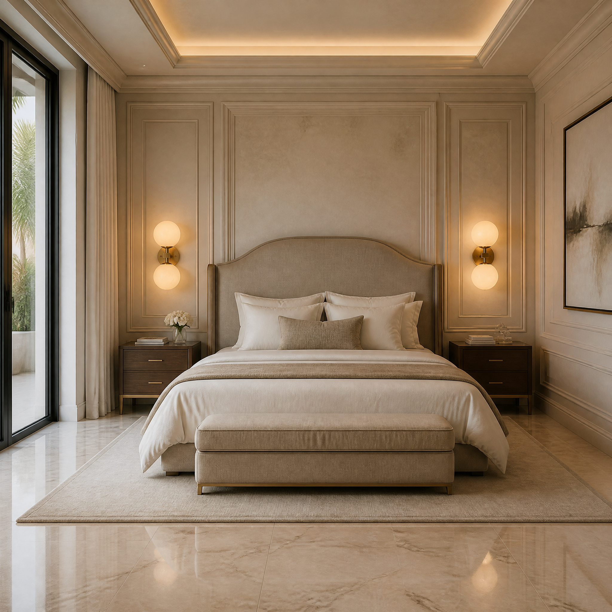 VORELLI Ricco Marble Wall Light installed in a modern residential hallway, creating an upscale and welcoming ambiance.
