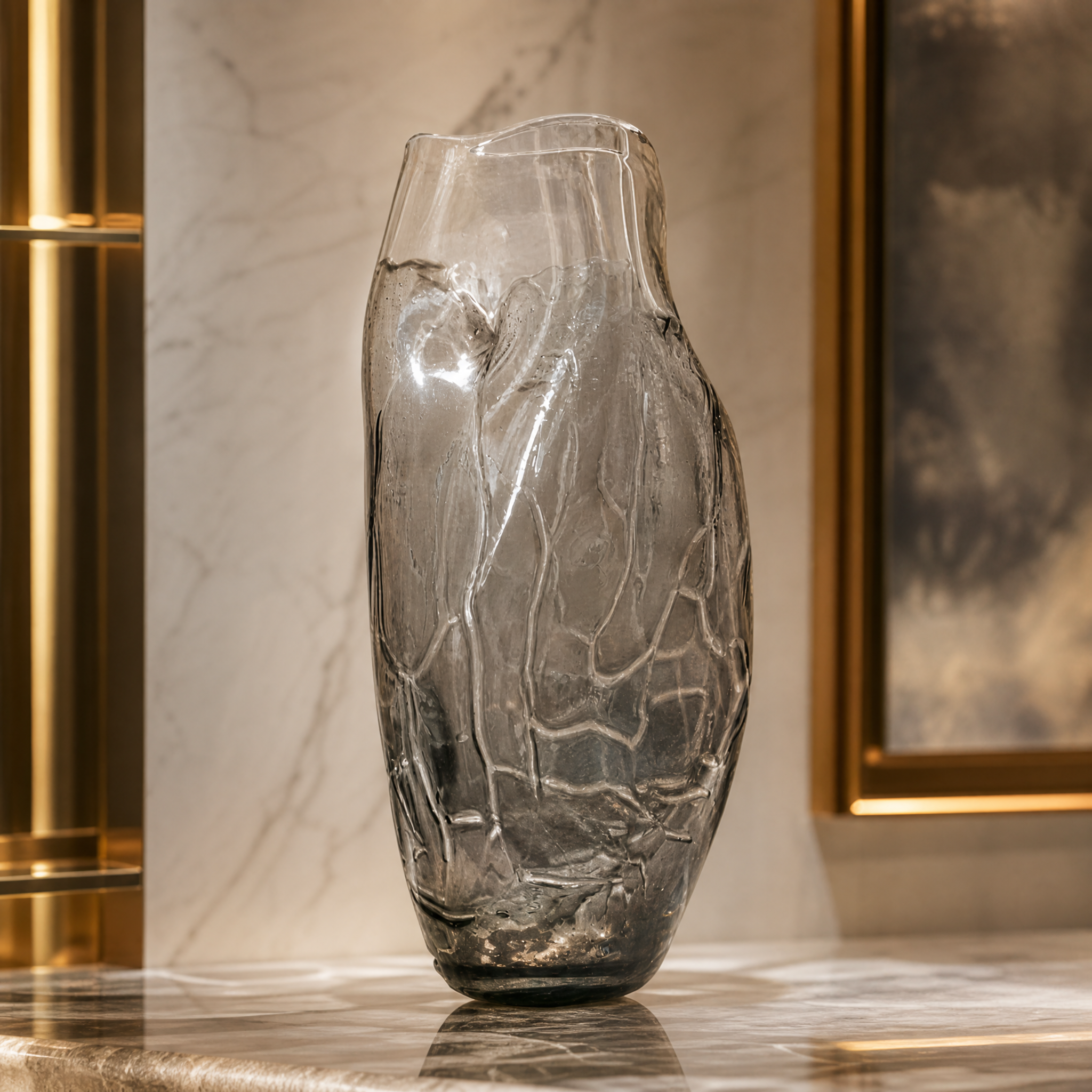 A detailed closeup of the VORELLI Rivano vase, highlighting the intricate cracked glass texture and the seamless transition of the elegant grey-to-clear gradient.
