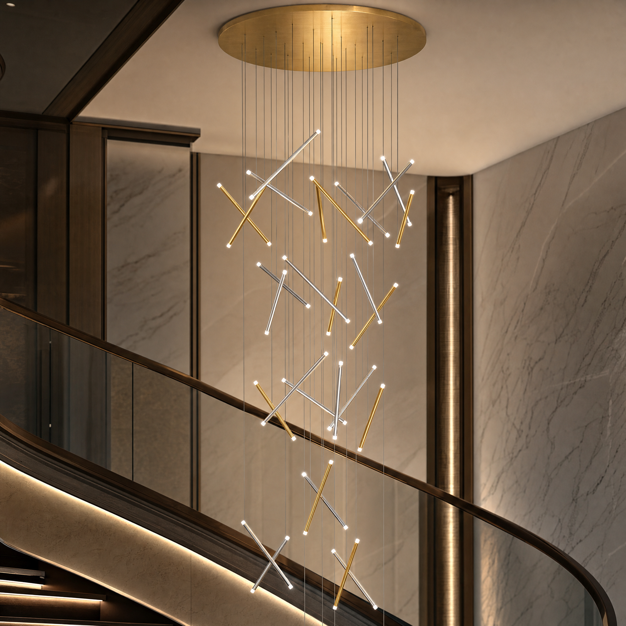 Close-up detail of the modern Rizzano pendant staircase chandelier, showcasing the sleek finishes and high-end craftsmanship of the VORELLI luxury light fixture.