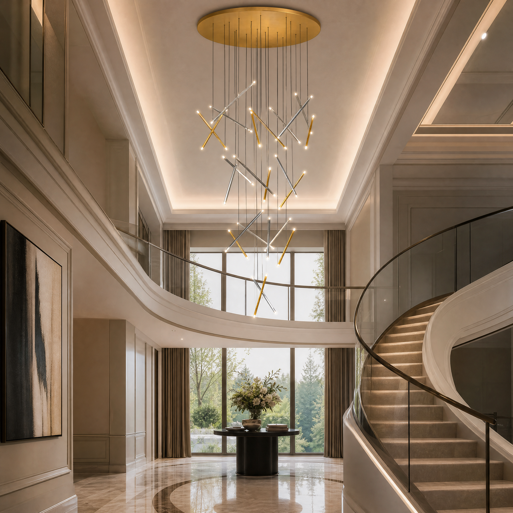 VORELLI Rizzano pendant staircase chandelier cascading elegantly through a luxury residential foyer, creating a sophisticated modern visual display.
