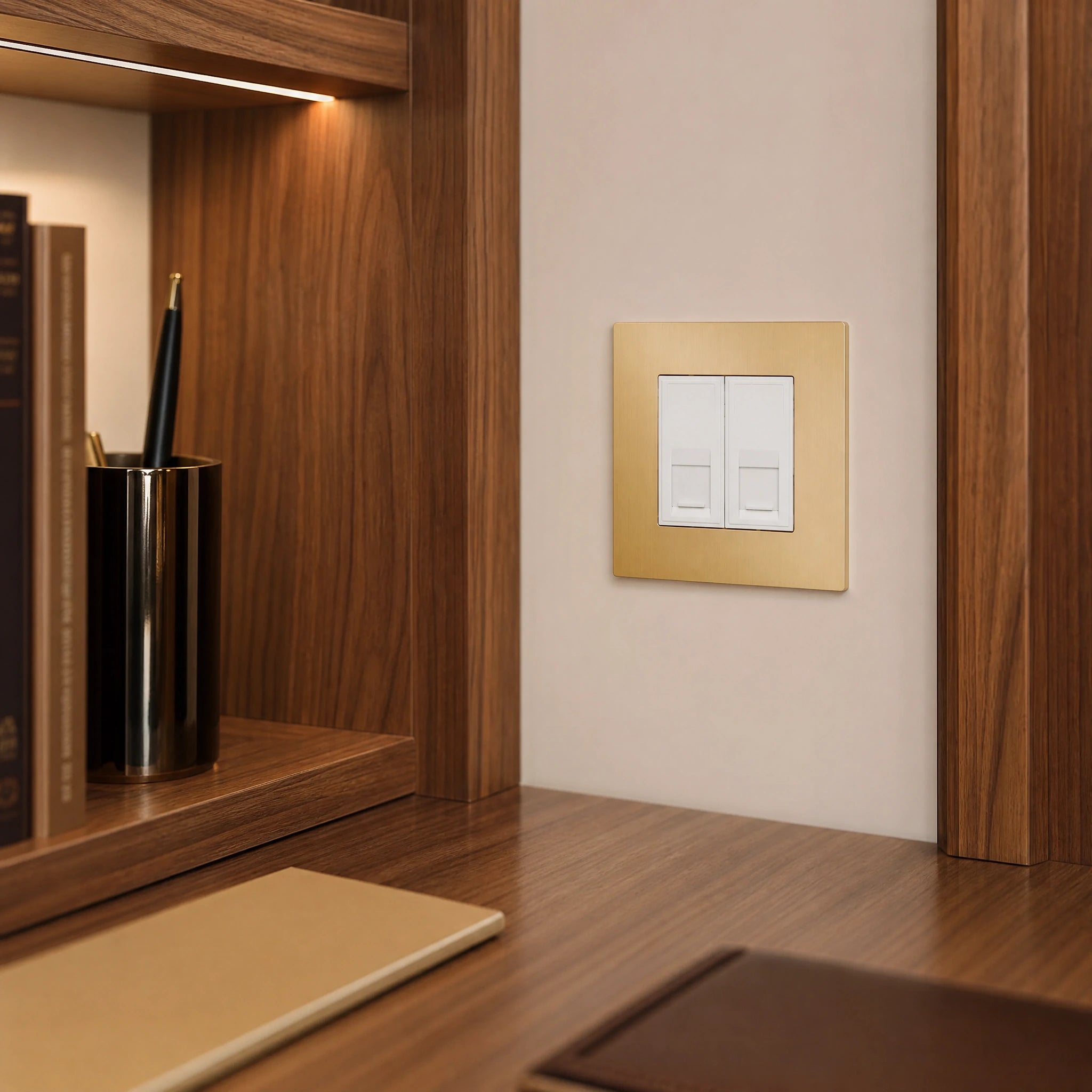 Close-up of a luxury canvas rj45 data outlet installed within executive home office with walnut joinery and soft task lighting by VORELLI®.