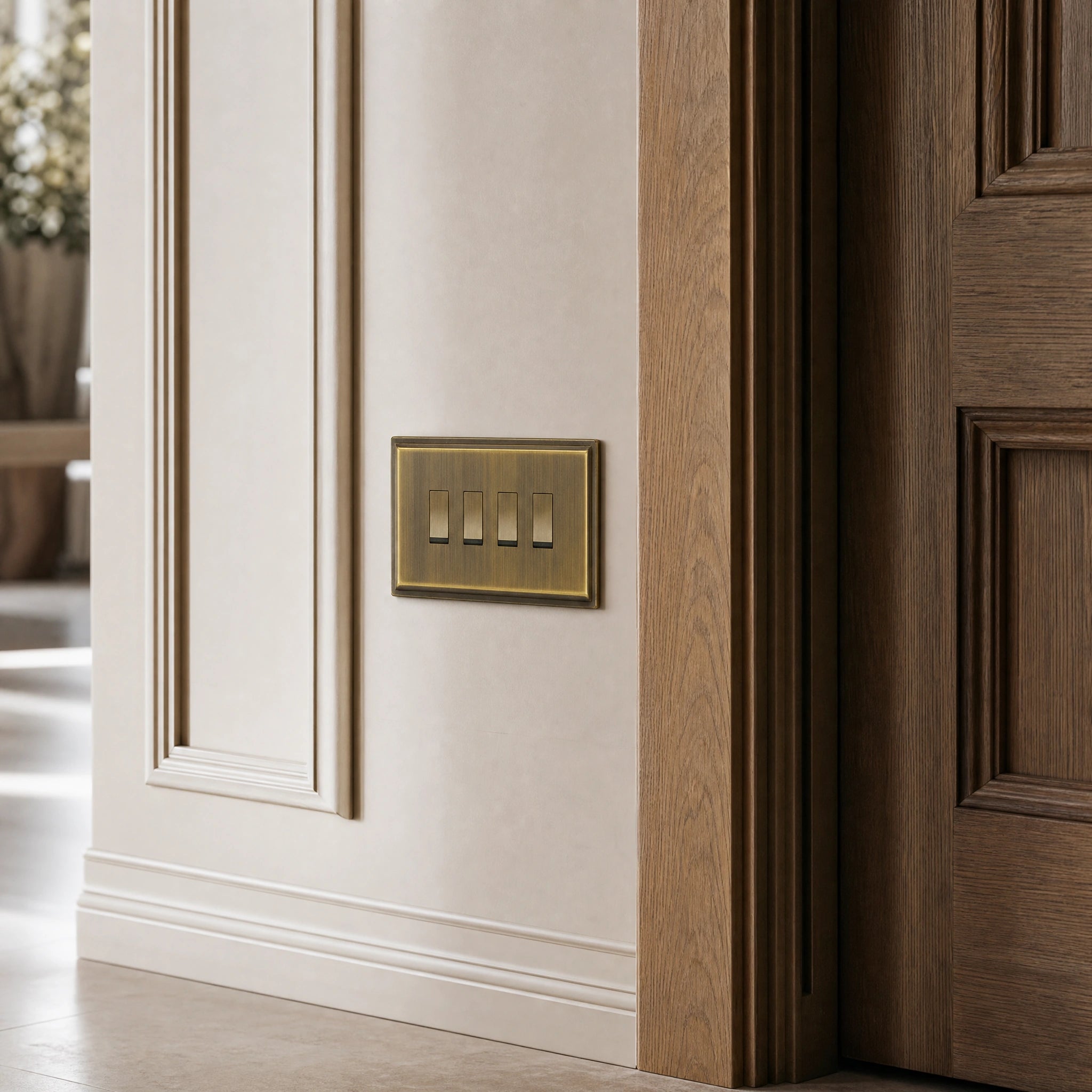 Close-up of a luxury antique brass rocker switch installed within feature wall beside an elegant doorway with refined timber panelling by VORELLI®.