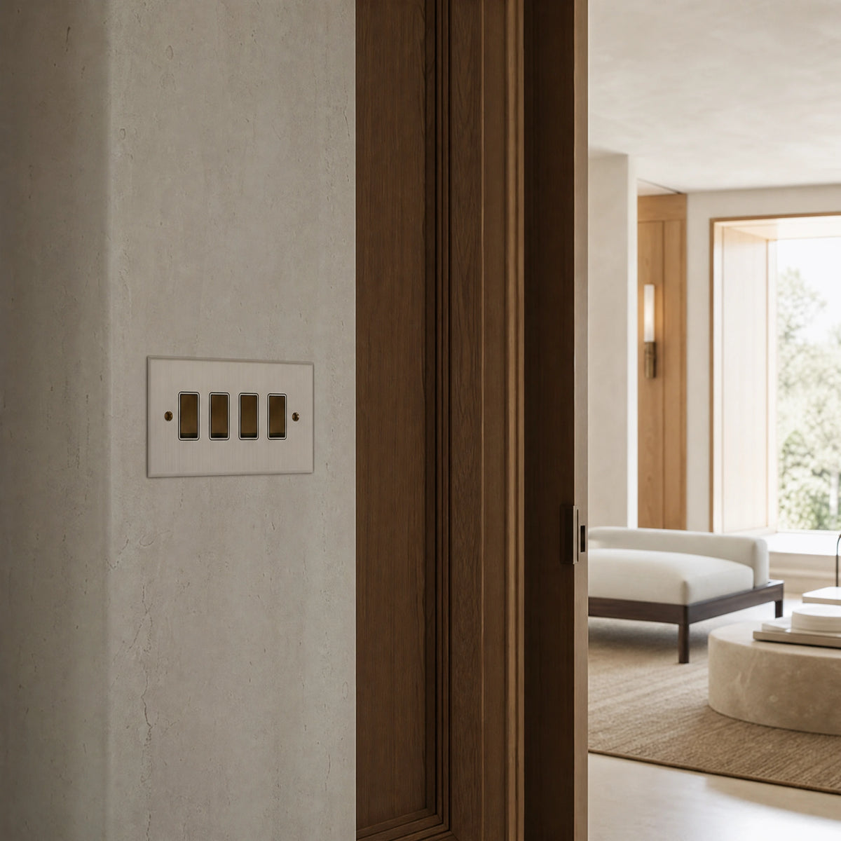 Luxury bronze antique rocker switch installed within feature wall beside an elegant doorway with refined timber panelling in a UHNW interior by VORELLI®.