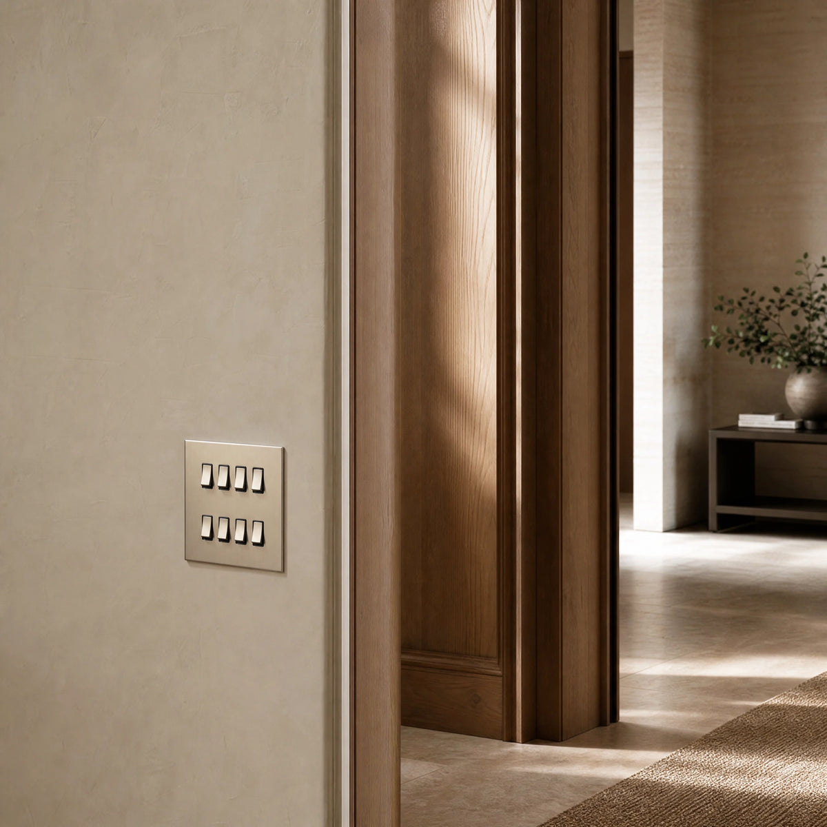 Luxury sienna rocker switch installed within feature wall beside an elegant doorway with refined timber panelling in a UHNW interior by VORELLI®.
