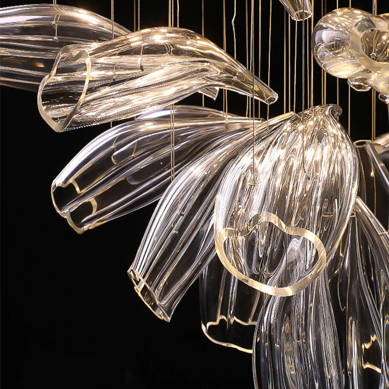 Designer staircase chandelier enhancing architectural staircases, balconies, and high-end interiors