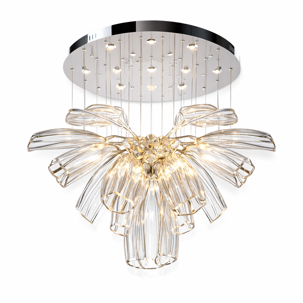 Close-up of hand-formed sculptural glass elements creating a modern luxury statement chandelier