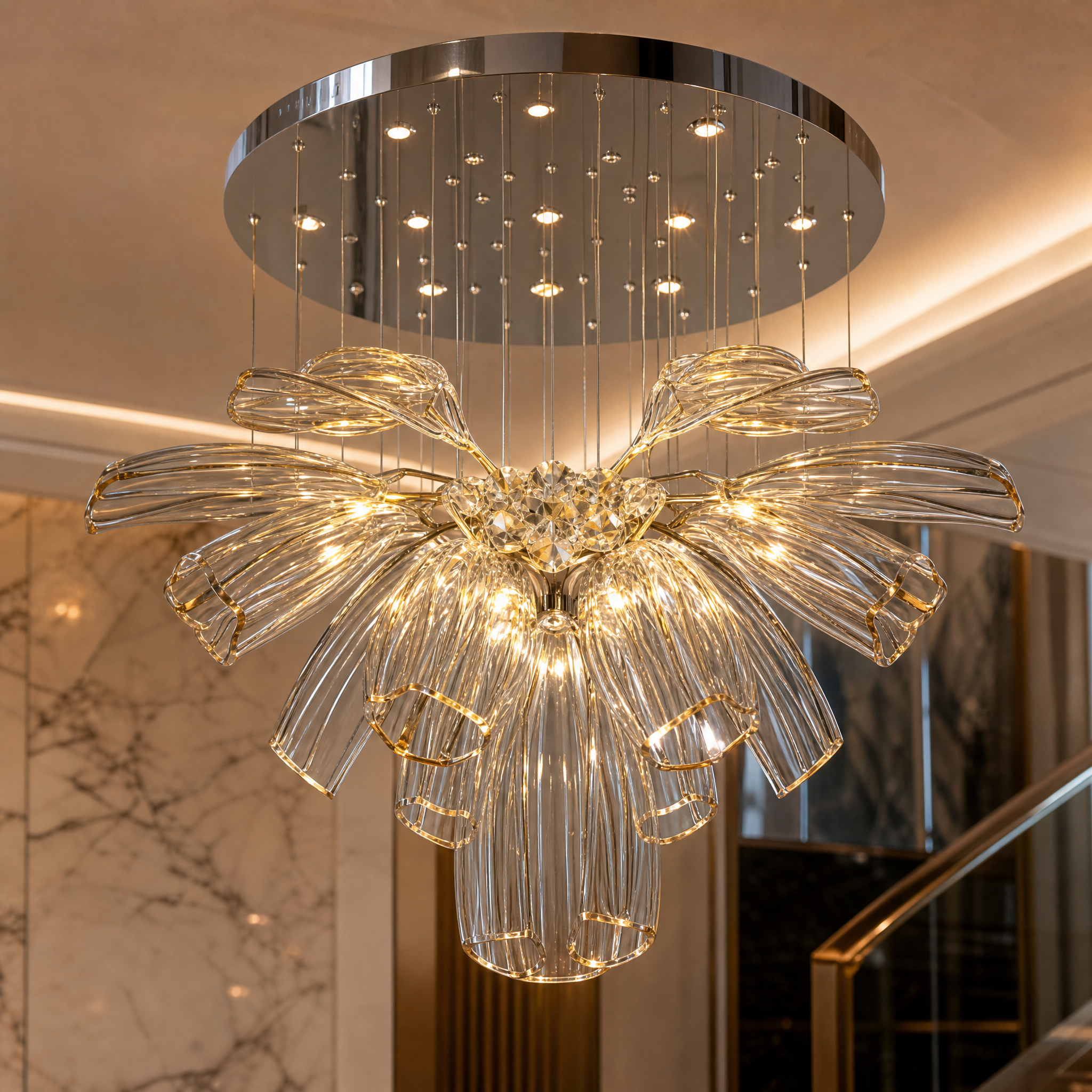 Detailed closeup of the VORELLI Romano pendant chandelier showcasing the intricate artistry of its circular hand-blown glass pieces.