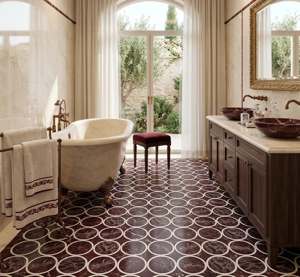 Rosa Levanto Bianco Carrara Waterjet Marble Mosaic Tile by VORELLI®