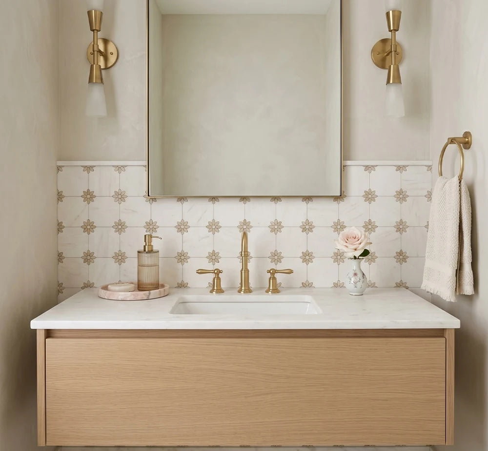 Rosa Portugallo Flower White Waterjet Marble Mosaic luxury white, red waterjet marble mosaic for premium UK interiors