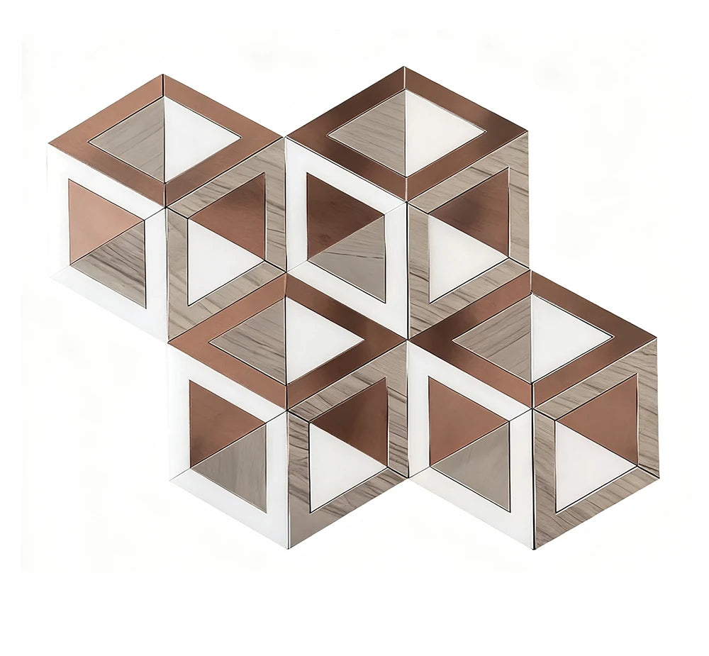 Rose Gold Hexagon Design Waterjet Marble Mosaic luxury gold waterjet marble mosaic for premium UK interiors