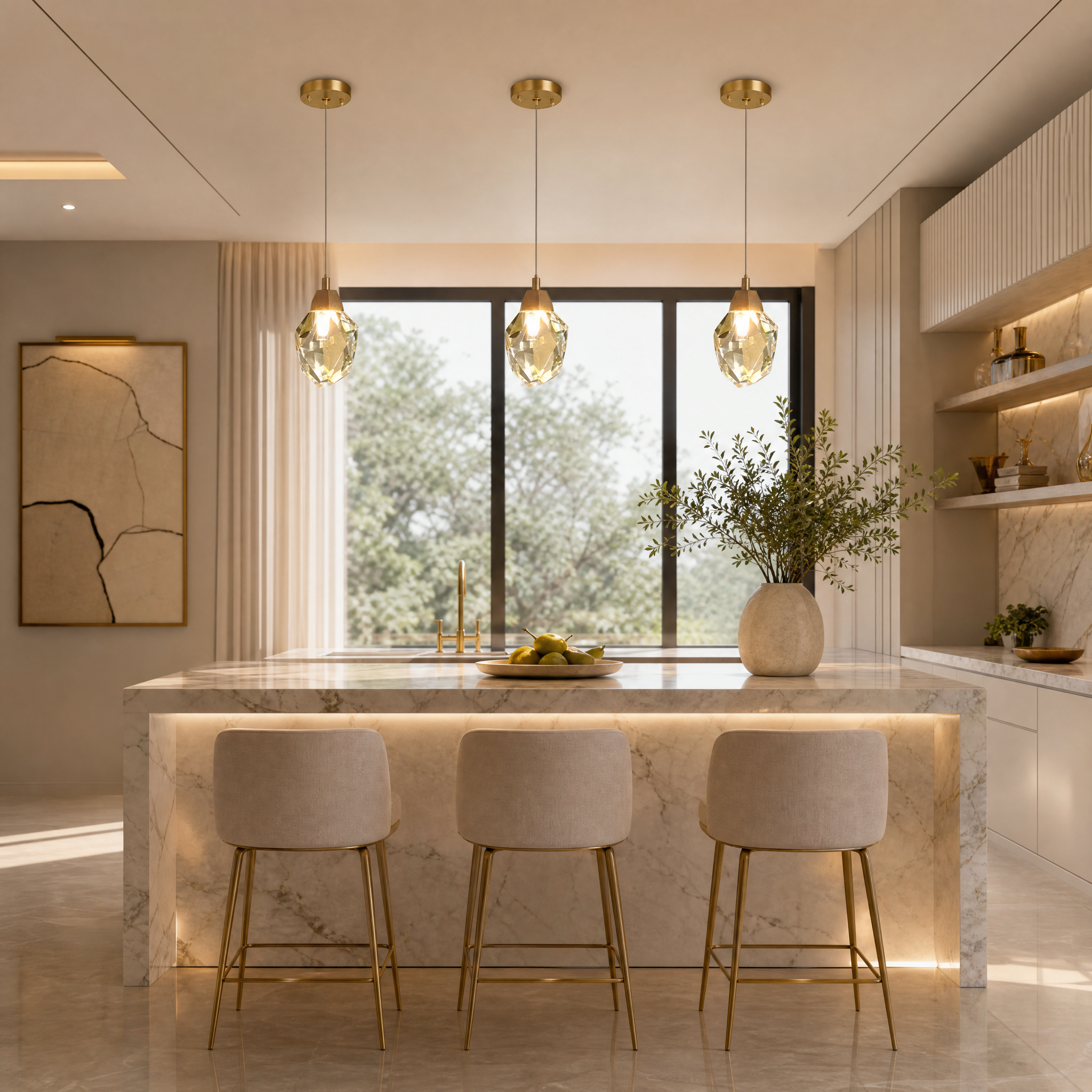 VORELLI Runtz crystal pendant light hanging above a contemporary residential kitchen island, casting a warm luxury glow.