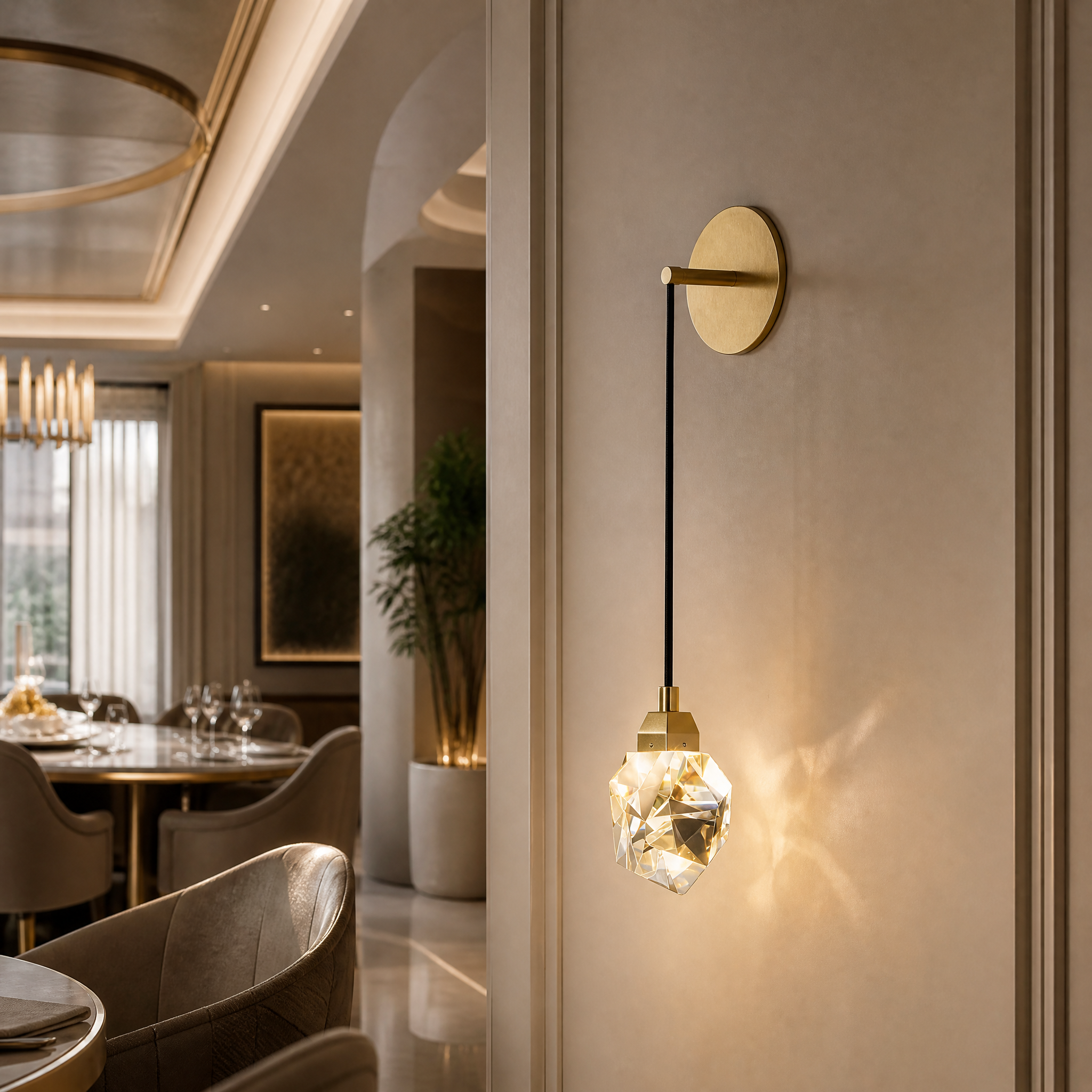 A pair of Runtz Wall Light II crystal sconces illuminating a contemporary boutique hotel lobby with elegant upscale ambiance.