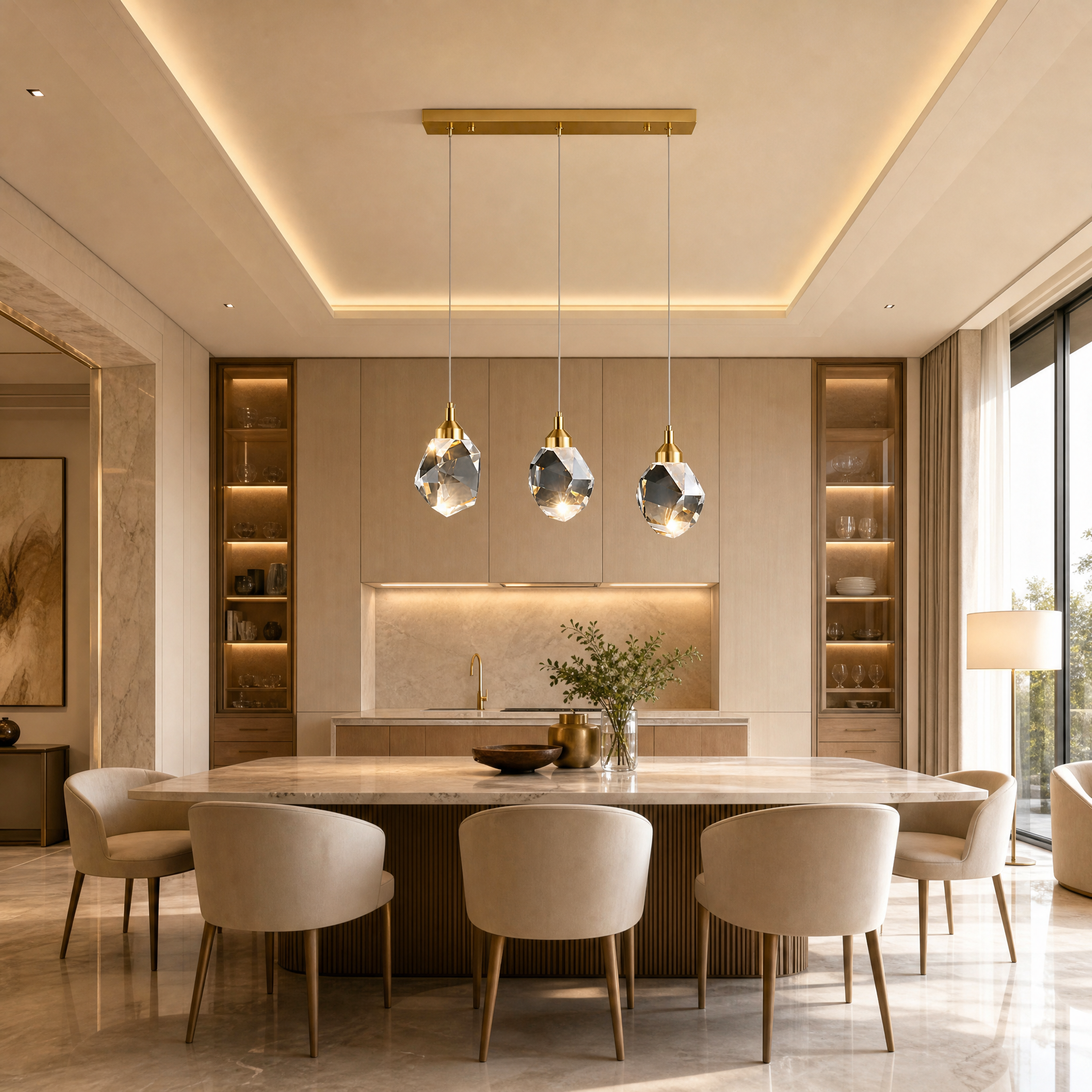 VORELLI Runtz Rectangular Chandelier installed over a contemporary dining table in a luxury residential home.