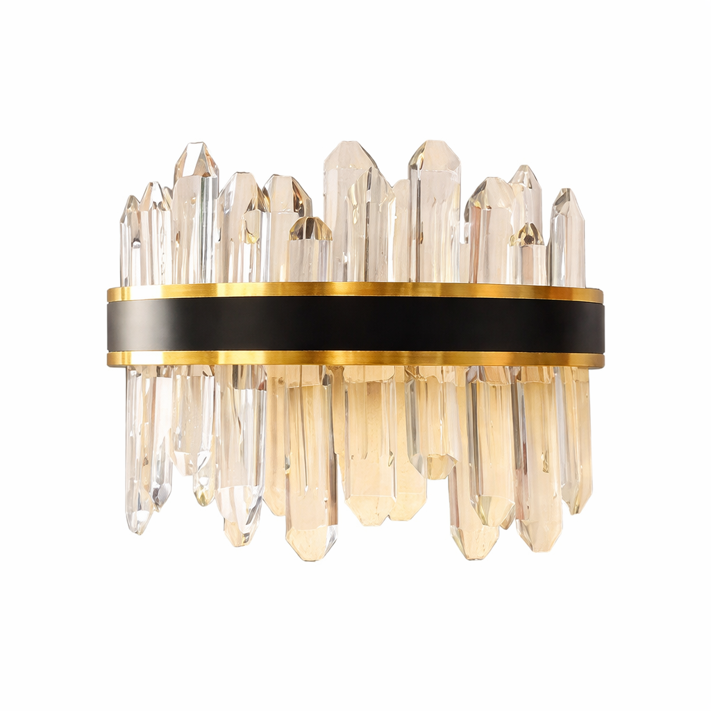 VORELLI Sagres wall light, a modern luxury fixture with diamond cut oblong crystals, featuring a bold matte black and brushed titanium gold dual finish.