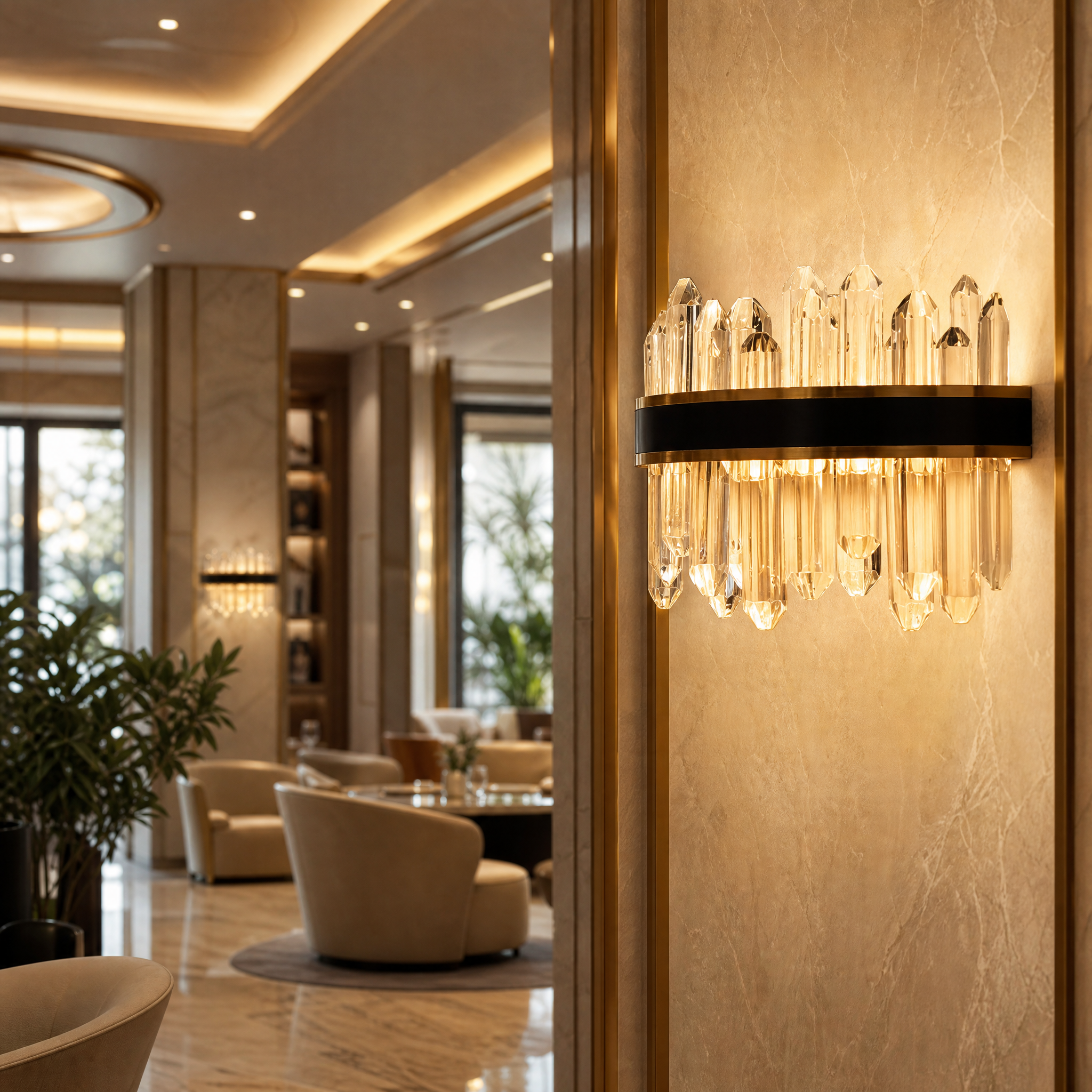 Sagres wall light by VORELLI enhancing an upscale hotel lobby, featuring a striking visual statement with matte black and brushed titanium gold trim and elegant diamond cut crystals.