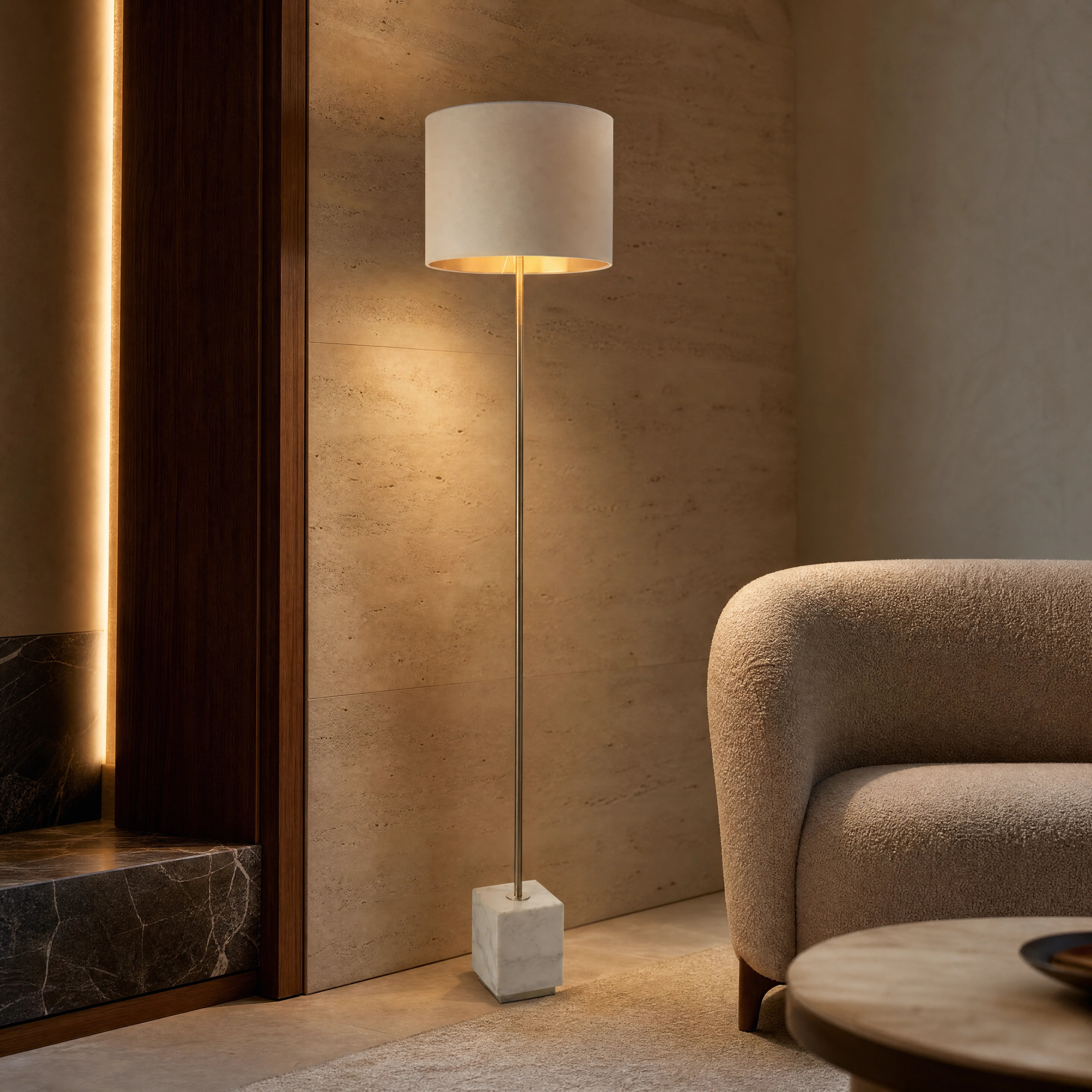 Salano Brass Arc Floor Lamp close-up luxury lifestyle hero image by VORELLI