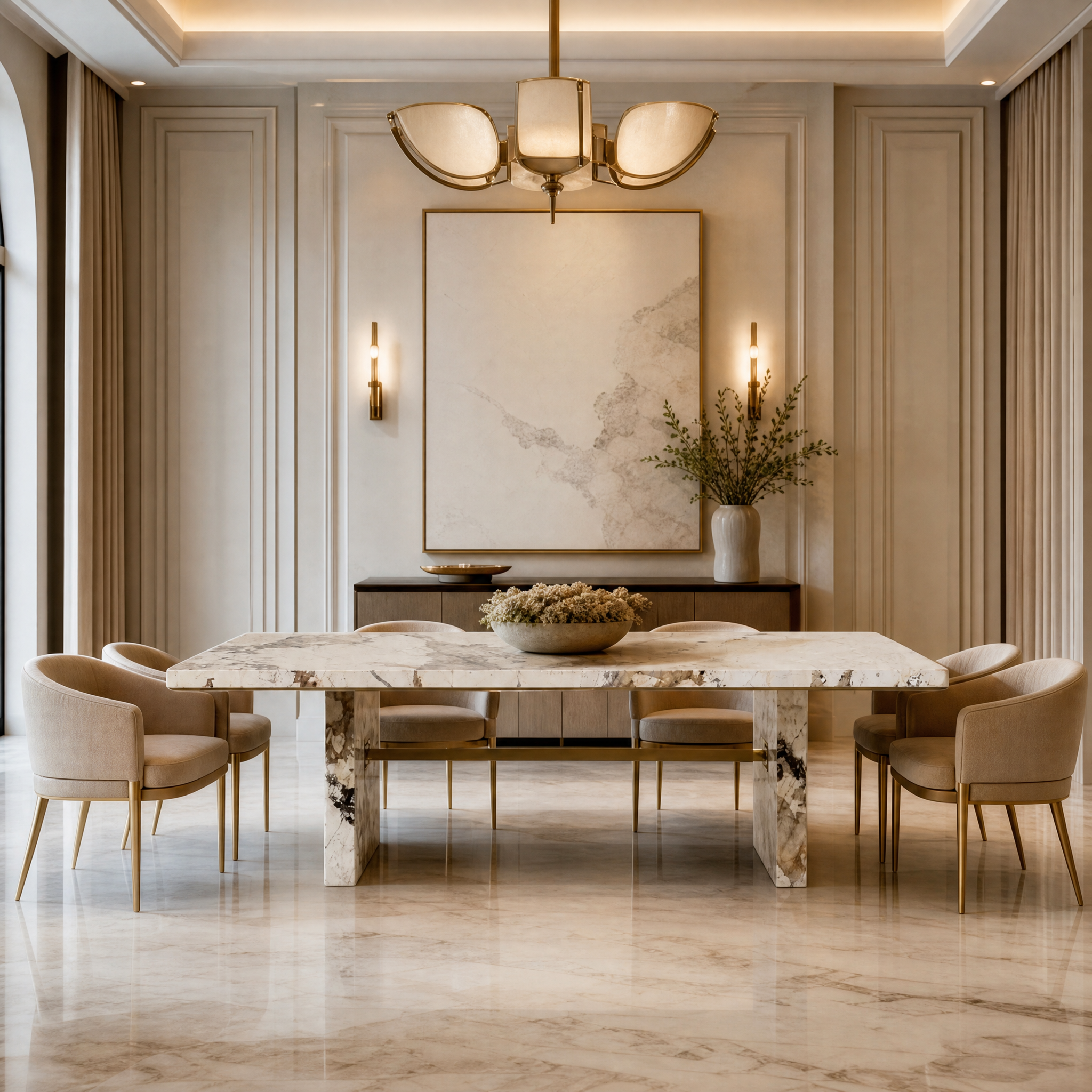 Luxury VORELLI Sanremo 300cm dining table crafted from Patagonia quartzite with an elegant brass rim, showcased in a sophisticated residential dining room setting.