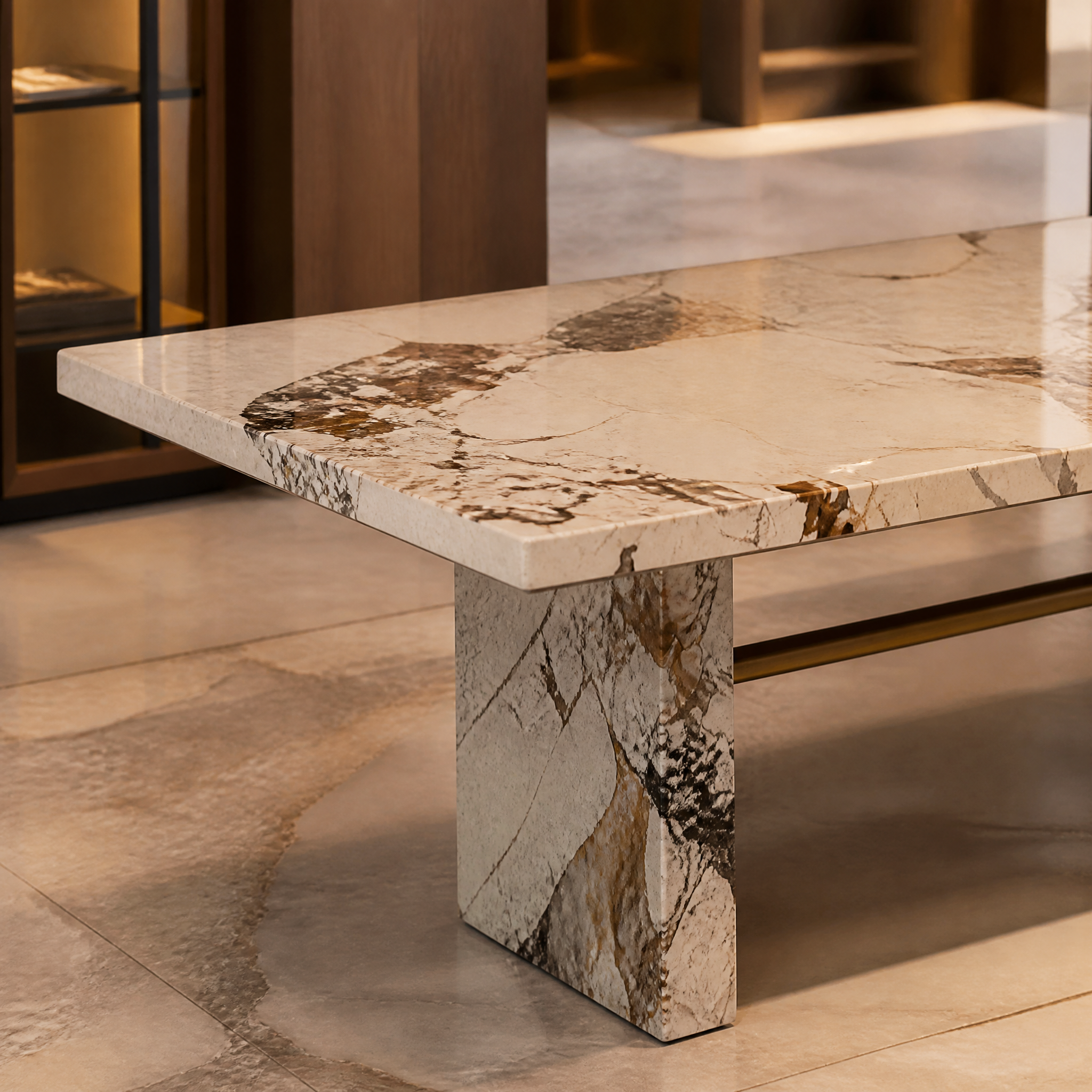 Macro closeup of the VORELLI Sanremo dining table highlighting the unique natural patterns, transparent pops of Patagonia quartzite, and the premium brass rim detail.