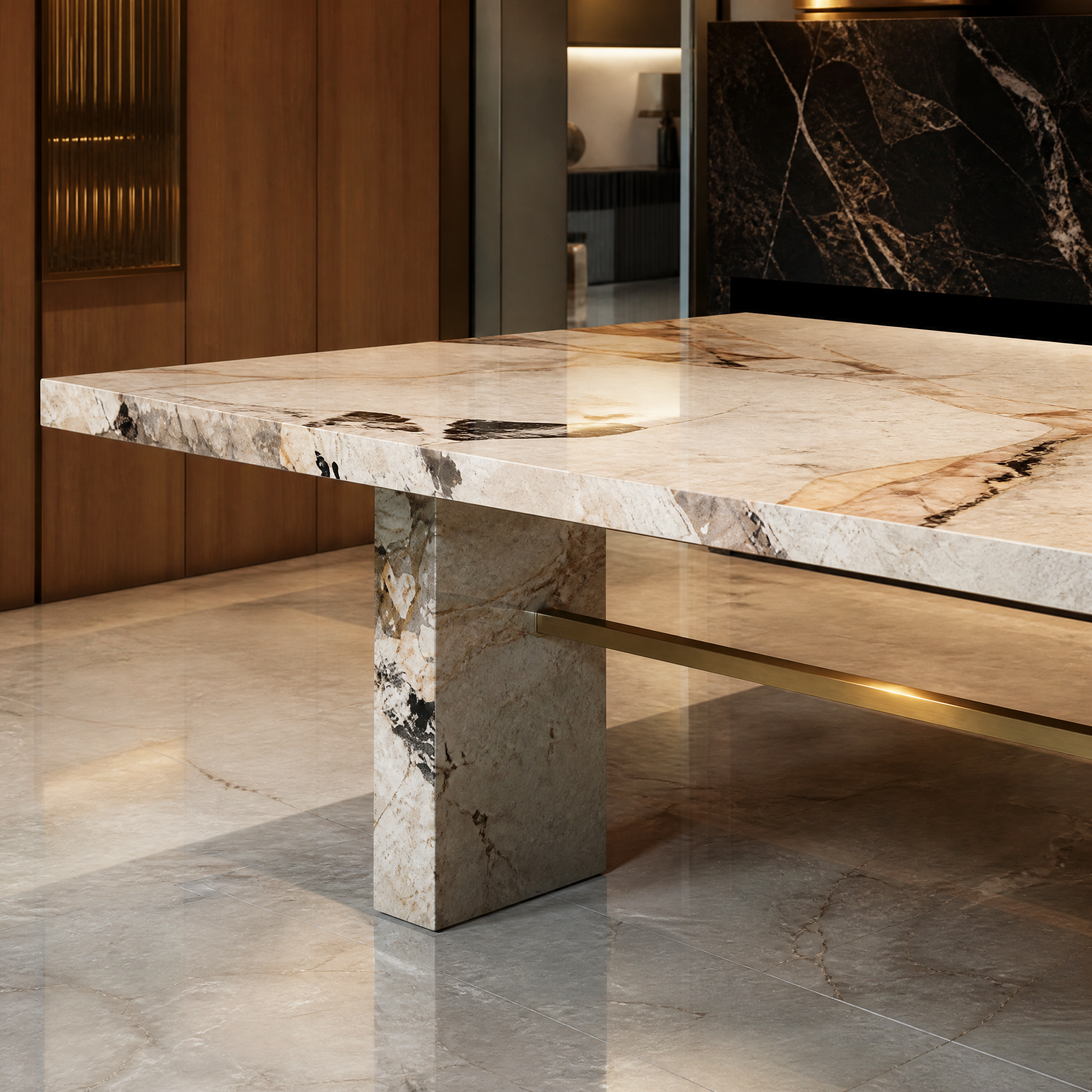 Close-up shot of the VORELLI Sanremo dining table, highlighting the natural crystalline textures of the Patagonia quartzite and the precision brass rim detailing.