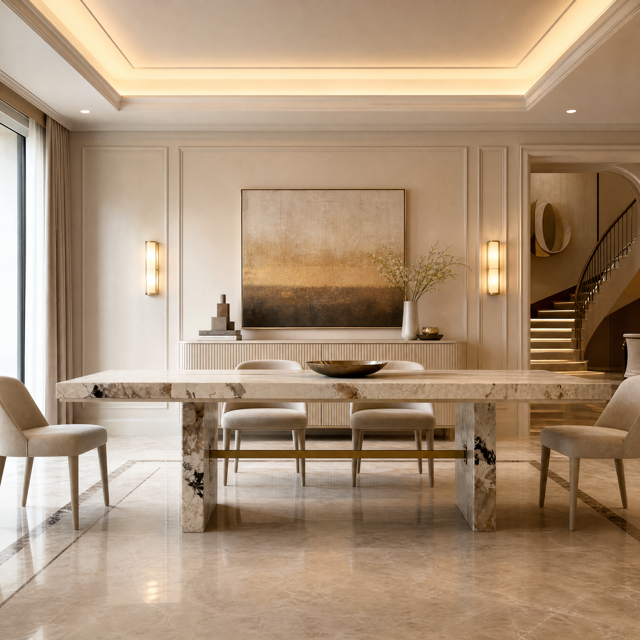 VORELLI Sanremo 240cm dining table featuring a unique Patagonia quartzite top and elegant brass rim detailing in a luxury residential dining room setting.