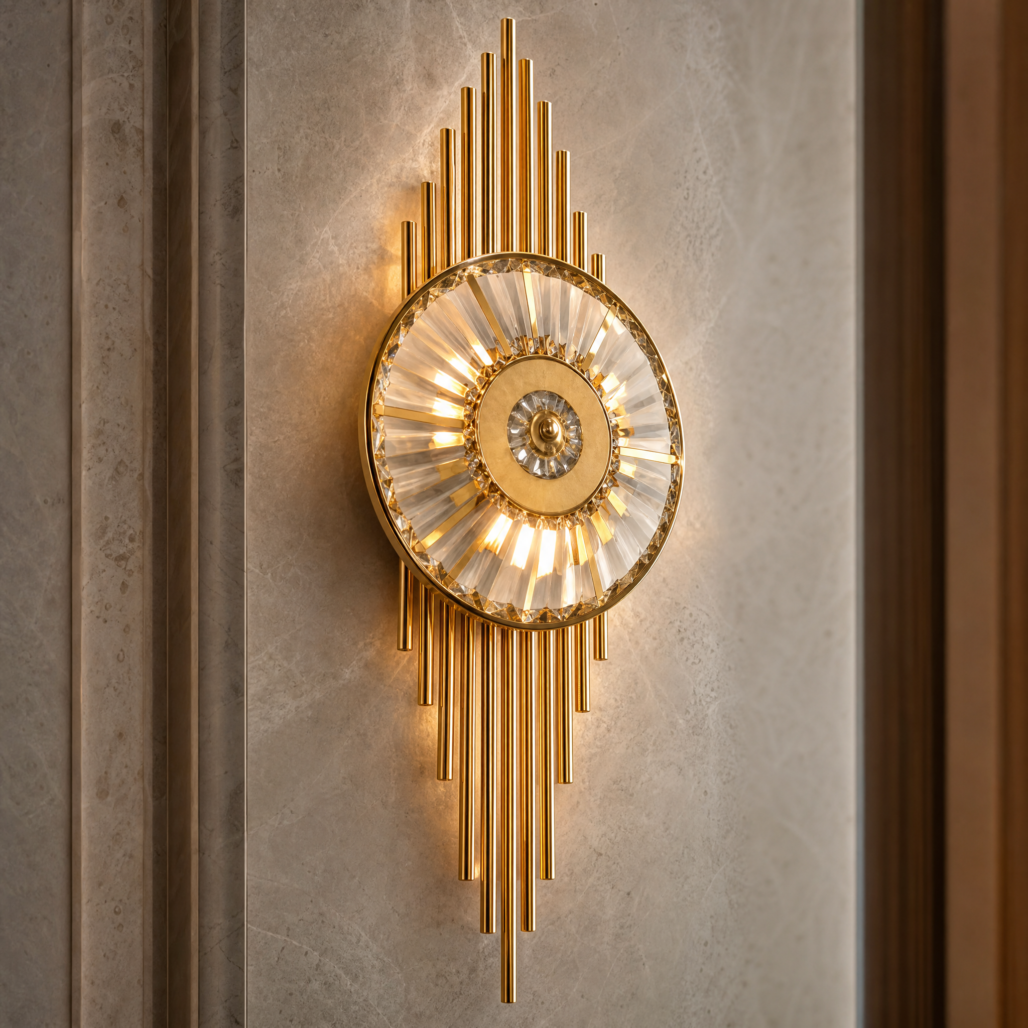 Macro closeup of the VORELLI Santa Maria wall light, highlighting the premium diamond-cut crystal prisms and sleek brushed titanium gold cylinder tubing.