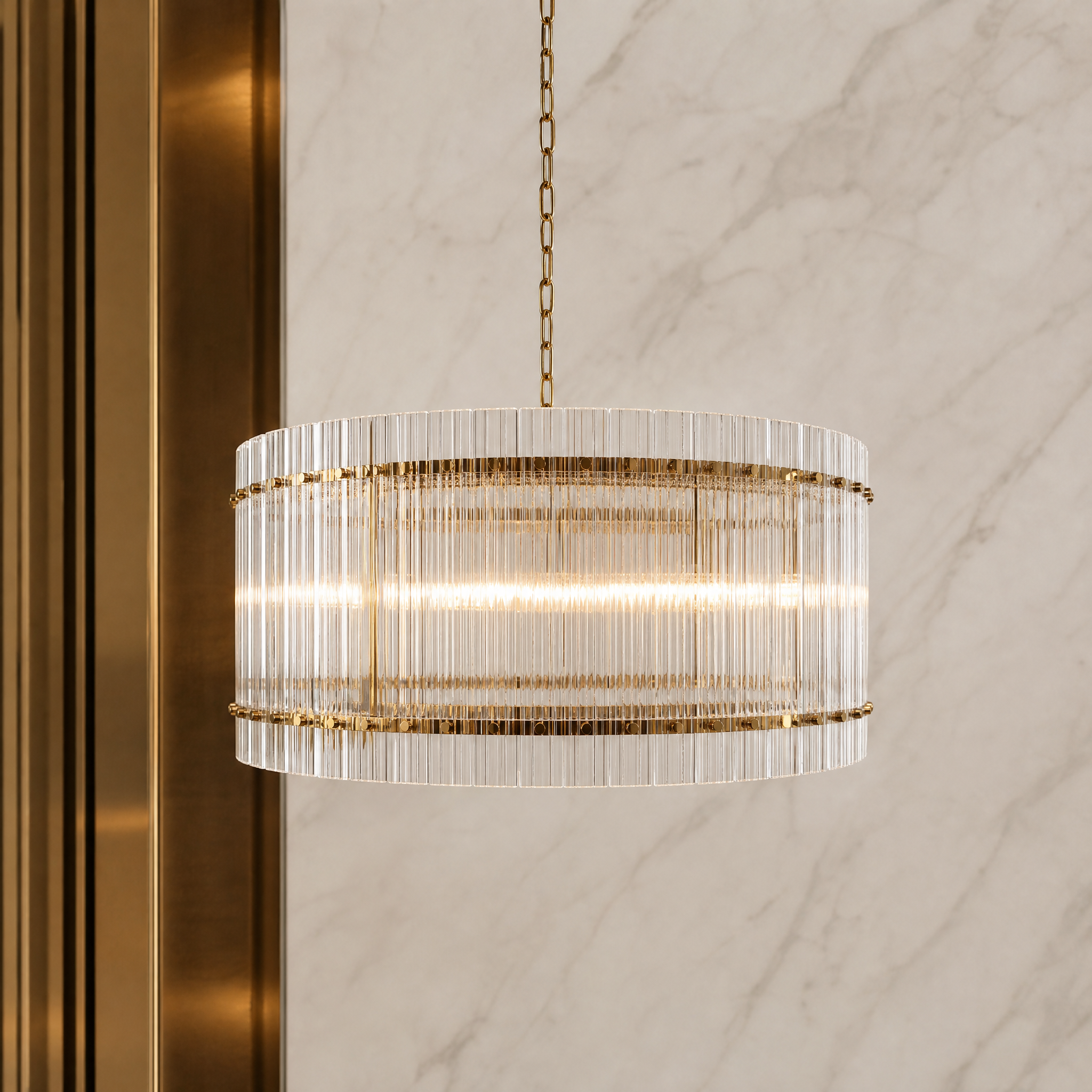 Macro closeup of the VORELLI Sanvino chandelier showcasing the intricate ribbed glass panes and studded brass frame texture.