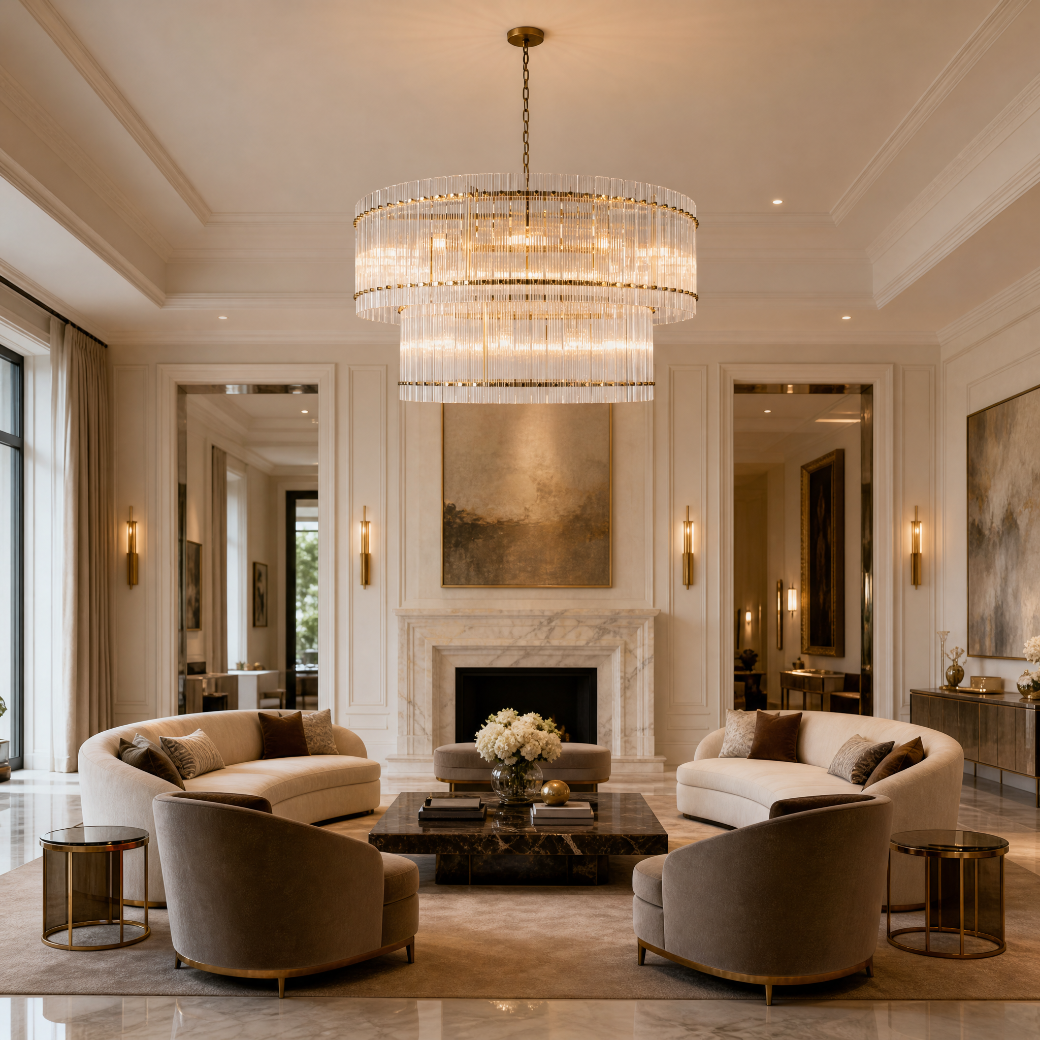 The VORELLI Sanvino double circular chandelier illuminating a luxury residential living room, showcasing its grand scale and ribbed glass tiers.