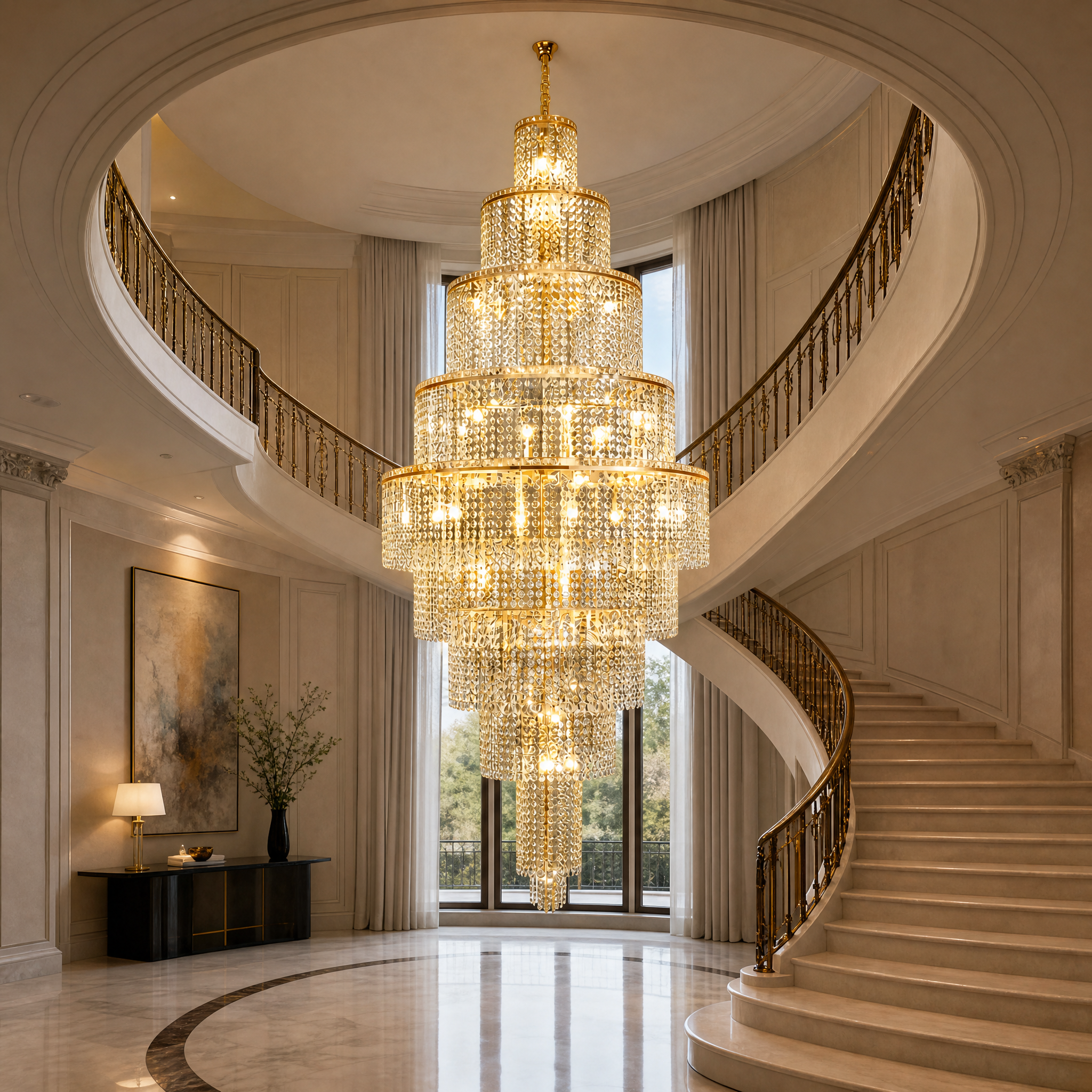 Grand multi-tiered VORELLI Sassari crystal ring chandelier elegantly suspended in a luxury residential double-story foyer over a staircase.