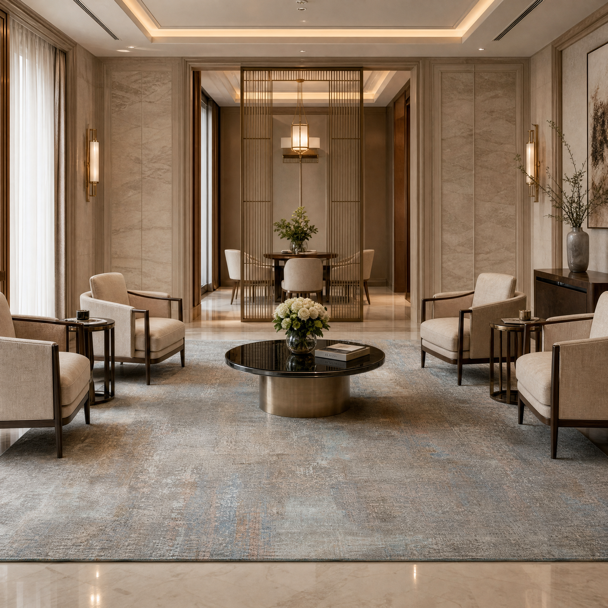 The VORELLI Savella textured rug grounding an upscale hospitality lounge, showcasing its natural tones and sophisticated design.