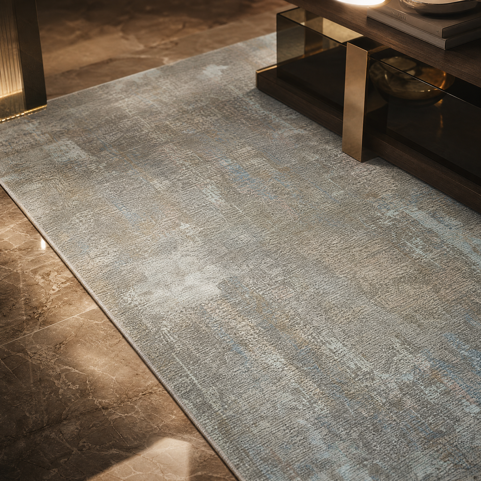 A macro closeup shot of the VORELLI Savella rug, highlighting the premium hand-knotted organic weave and natural flax texture.