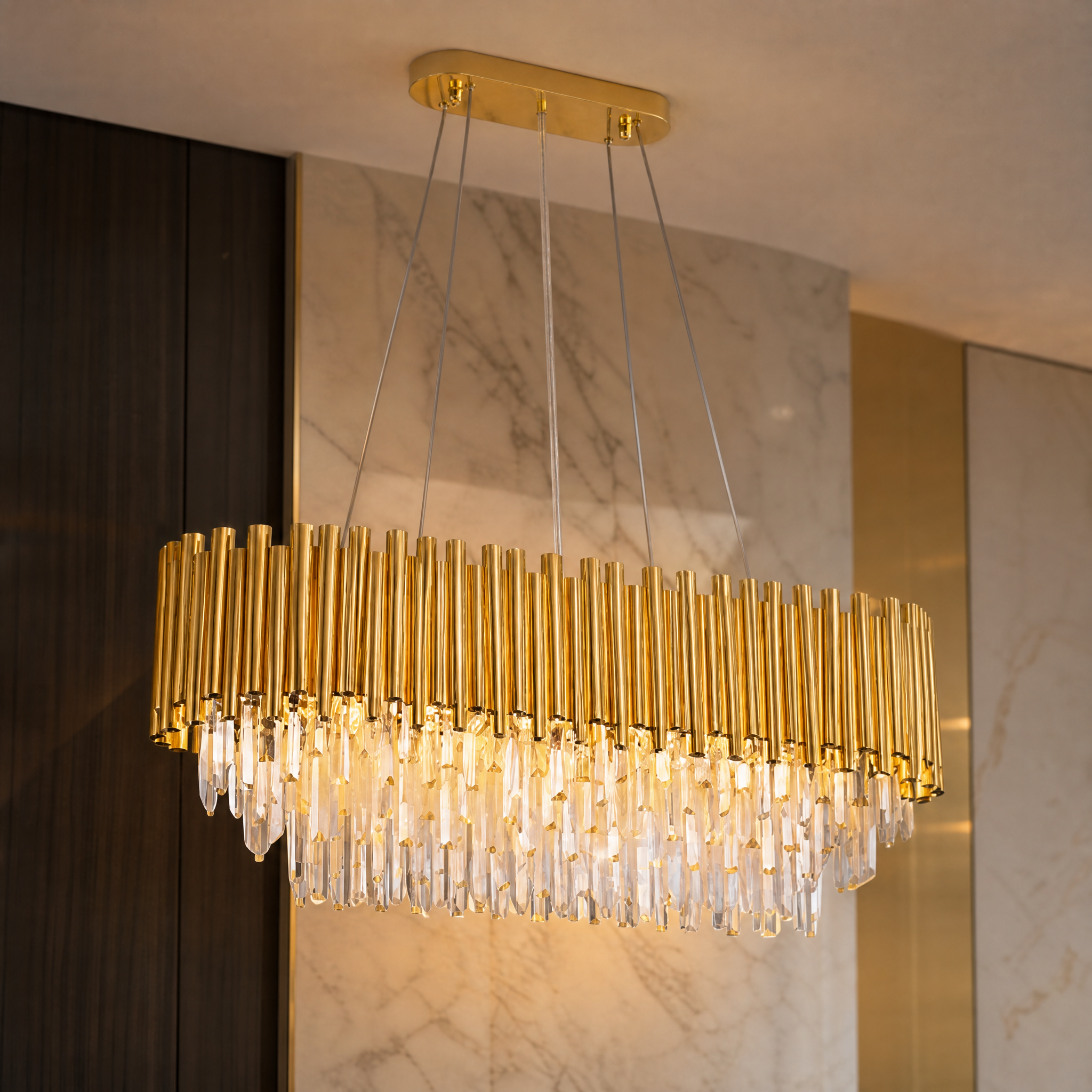 Detailed closeup of the sleek cylinder tubing and elegant crystal bars on the VORELLI Savoriti Rectangular Chandelier.