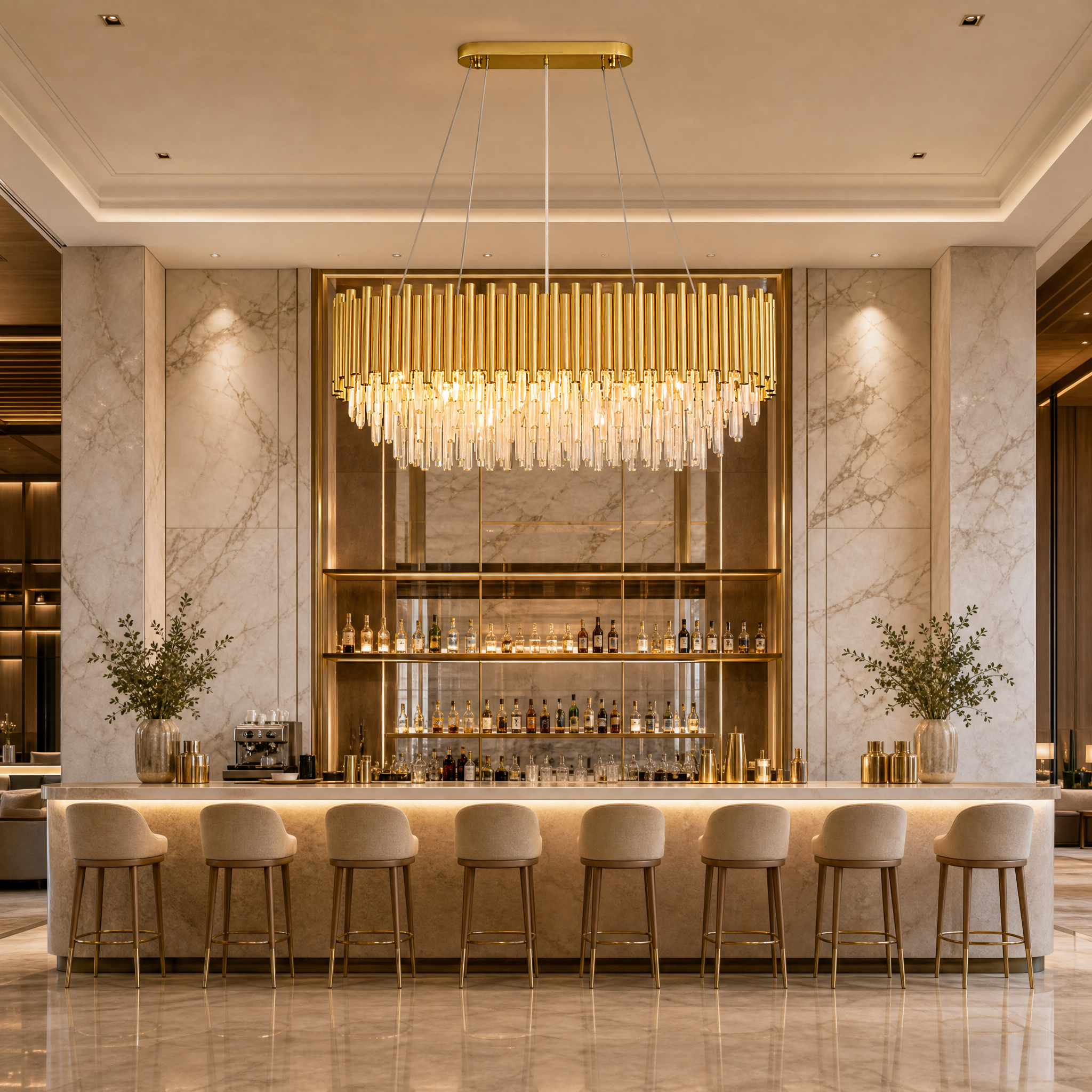 The contemporary Savoriti Rectangular Chandelier by VORELLI installed in a high-end hospitality lobby setting.