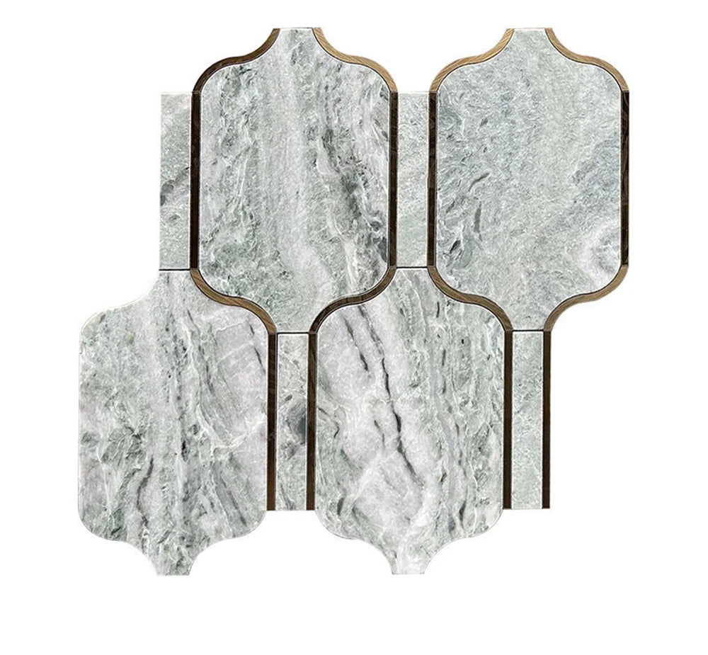 Shangrila Green 304 Stainless Steel Block Design Waterjet Marble Mosaic luxury green waterjet marble mosaic for premium UK interiors