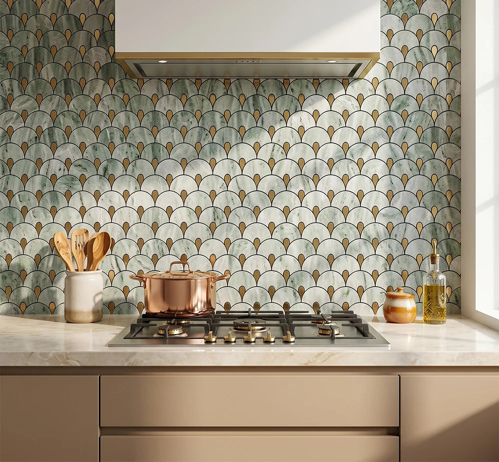 Shangrila Green 304 Stainless Steel Fan Shaped Waterjet Marble Mosaic luxury green waterjet marble mosaic for premium UK interiors