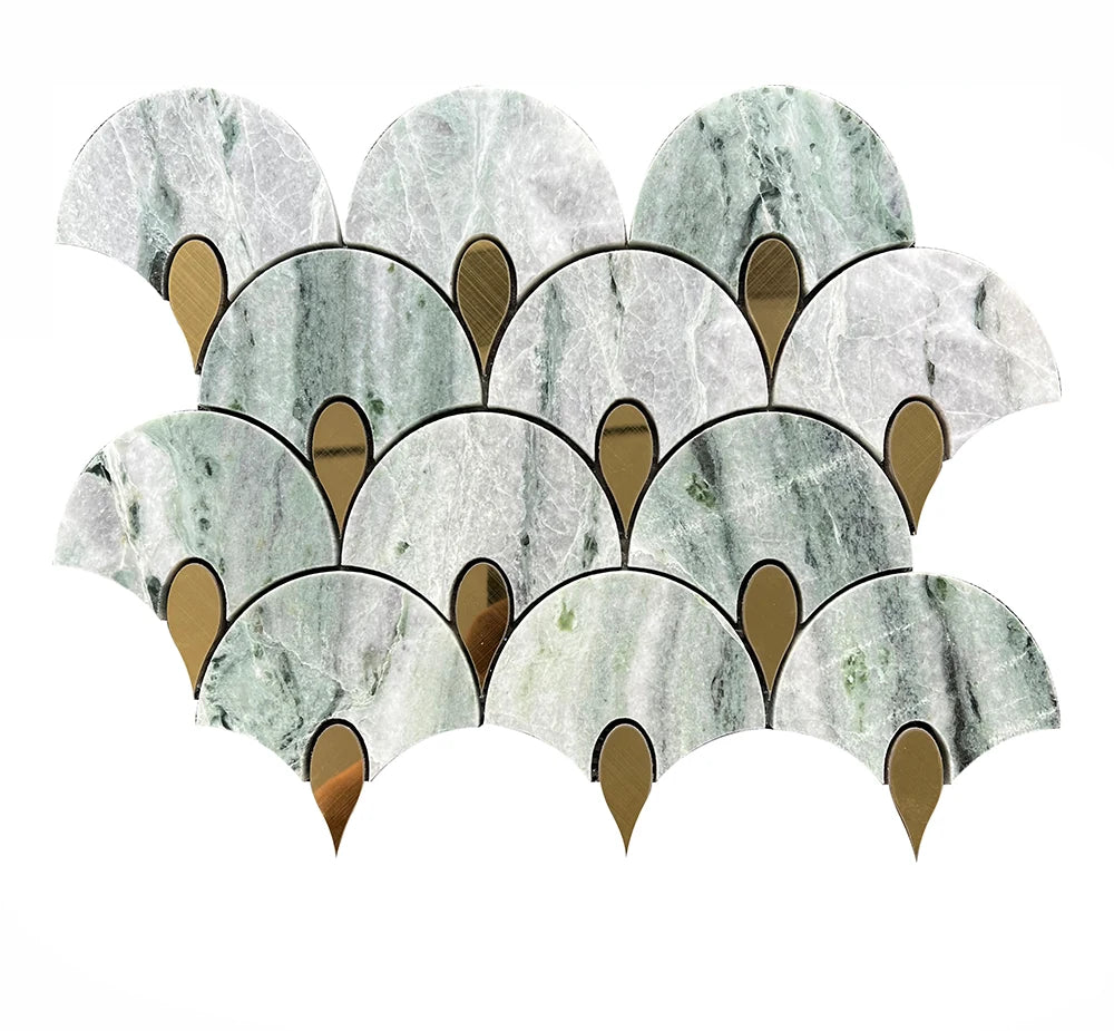 Shangrila Green 304 Stainless Steel Fan Shaped Waterjet Marble Mosaic luxury green waterjet marble mosaic for premium UK interiors