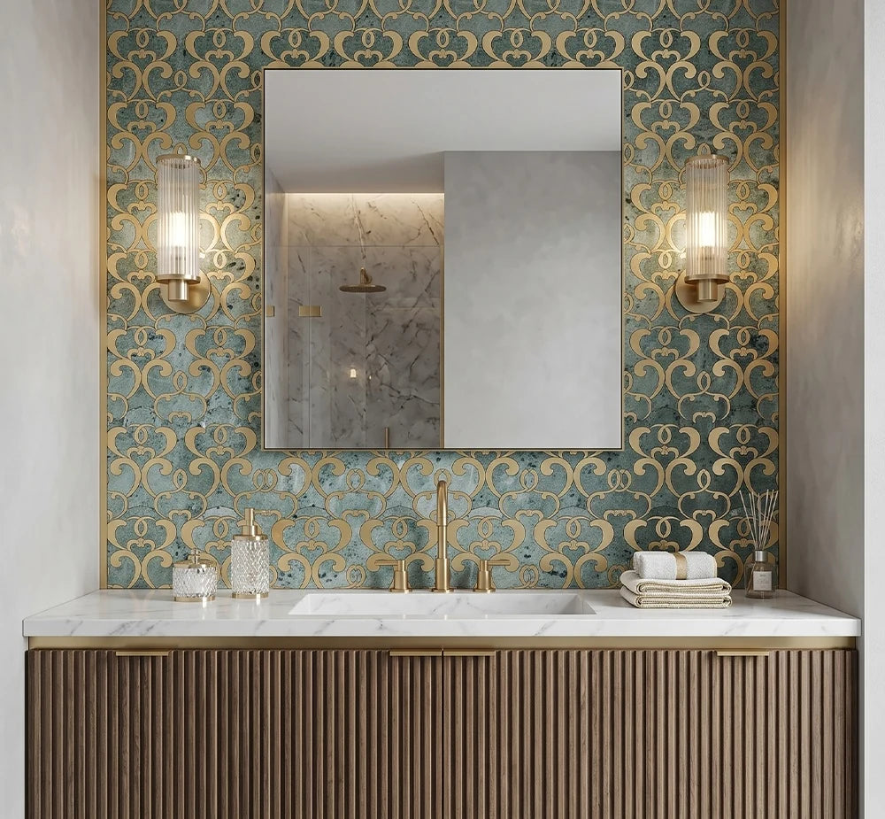 Shangrila Green Brass Stainless Steel Waterjet Marble Mosaic luxury green, gold waterjet marble mosaic for premium UK interiors