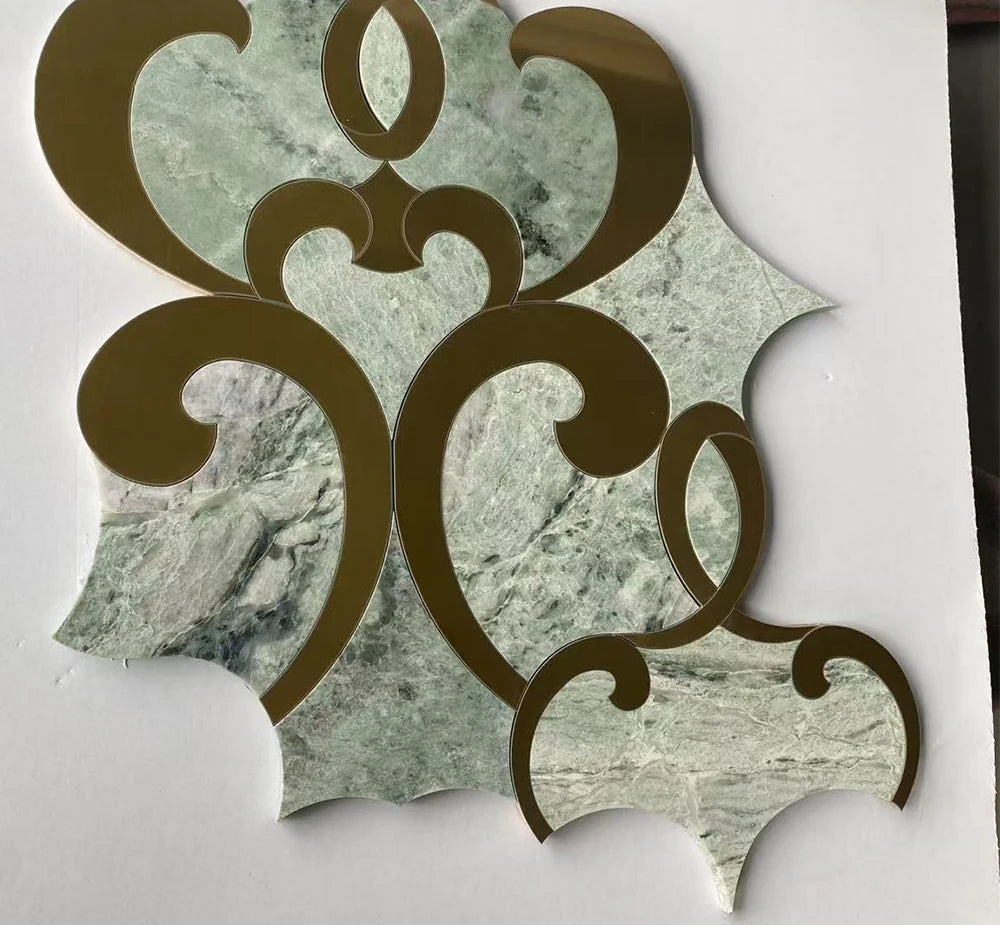 Shangrila Green Brass Stainless Steel Waterjet Marble Mosaic luxury green, gold waterjet marble mosaic for premium UK interiors