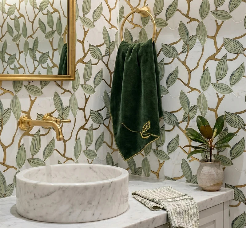 Shangrila Green Verde Guatemala Jade Sivec Waterjet Marble Mosaic luxury white, green waterjet marble mosaic for premium UK interiors