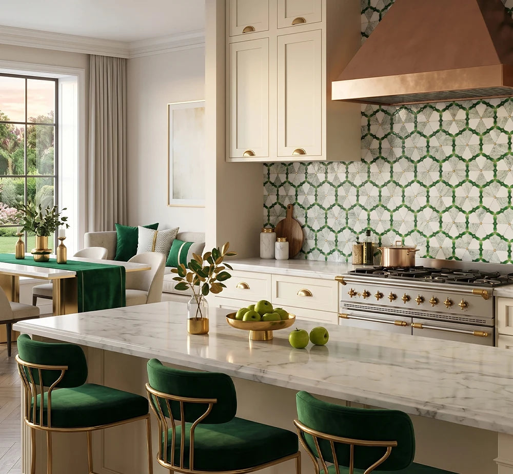 Shangrila Green White Waterjet Marble Mosaic Tile by VORELLI®