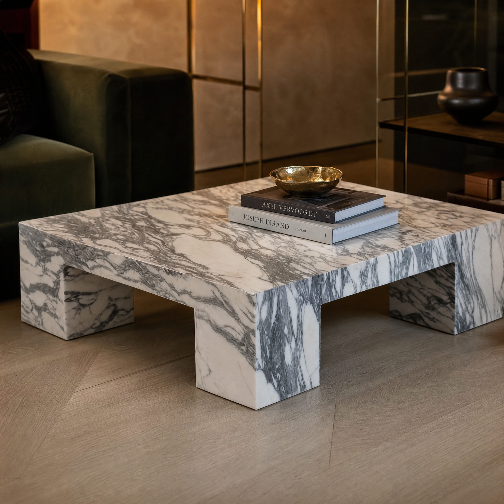 Close-up detail of the unique organic grey veining and smooth honed matte finish on the VORELLI Sidriano Arabescato marble table top.