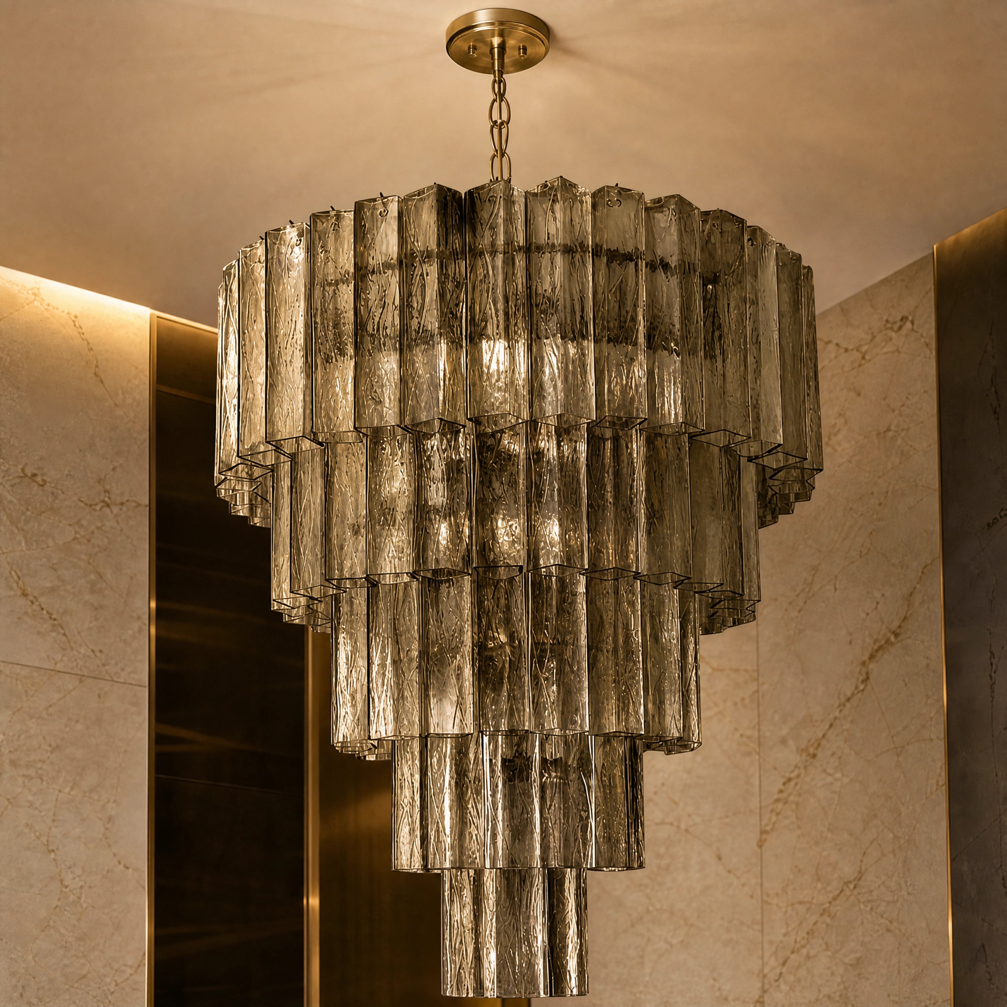 Siena Squares Murano Glass Staircase Chandelier close-up luxury lifestyle hero image by VORELLI