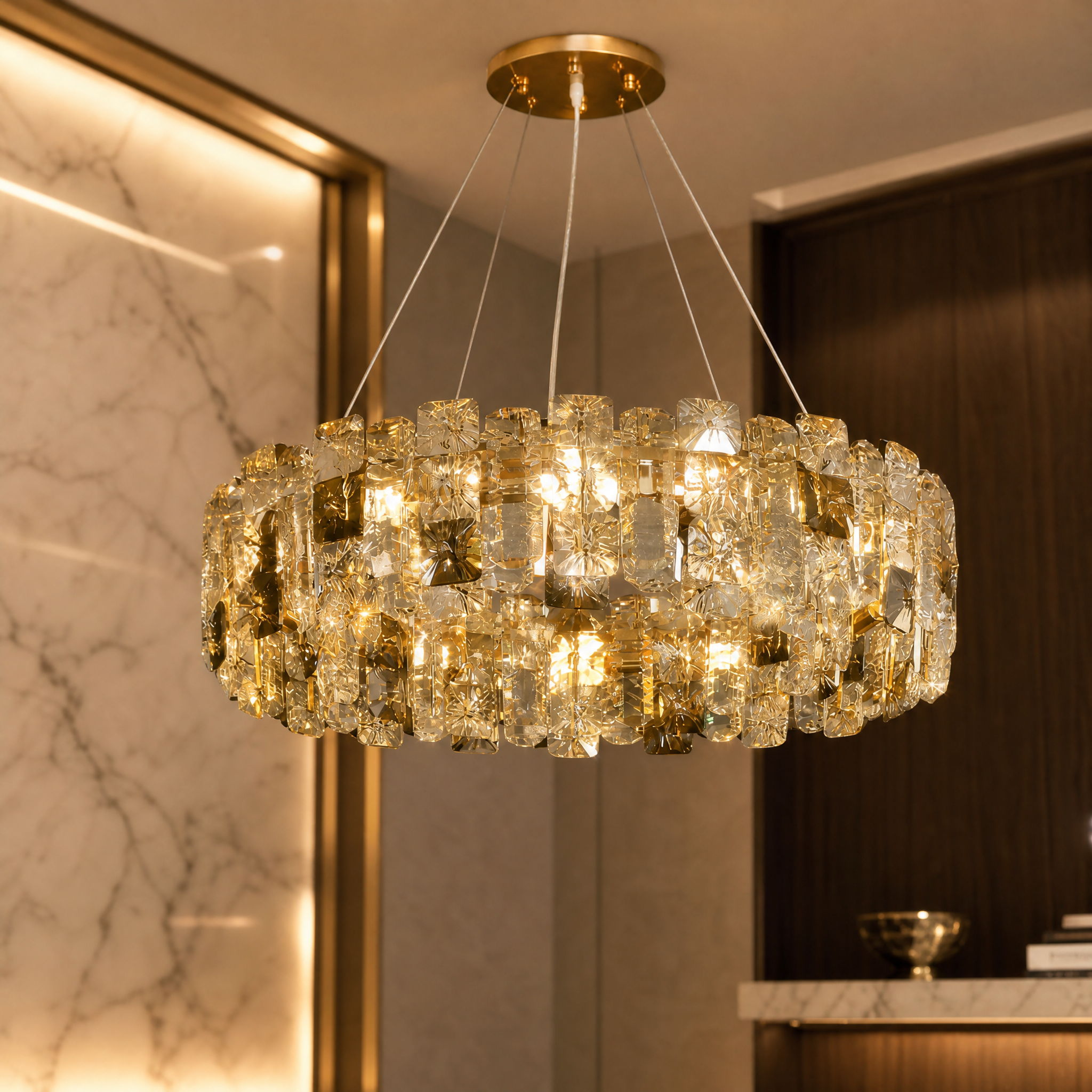 Macro close-up of the VORELLI Sigston circular chandelier showing the intricate texture of alternating clear and smoky grey rectangular diamond-cut crystals.