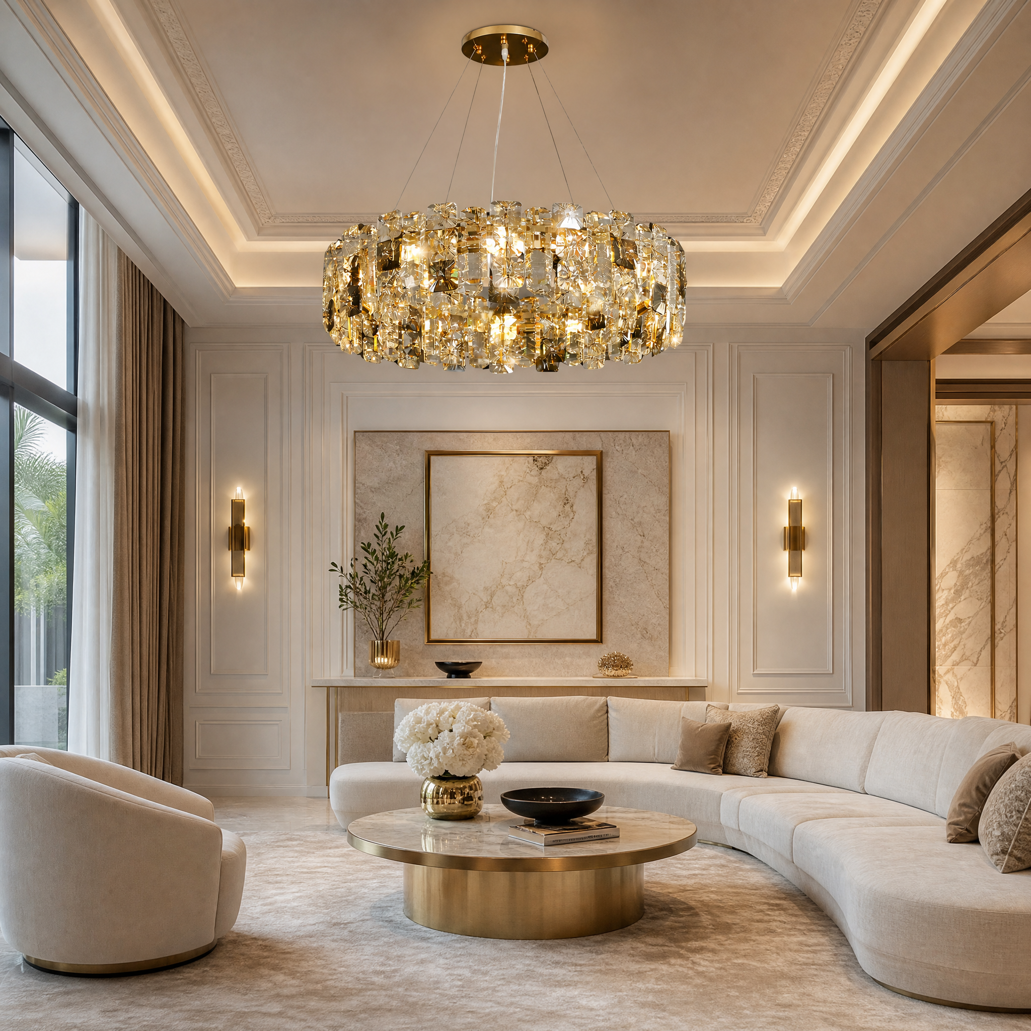 VORELLI Sigston circular crystal chandelier illuminating a sophisticated, high-end residential living room with a warm, luxurious glow.