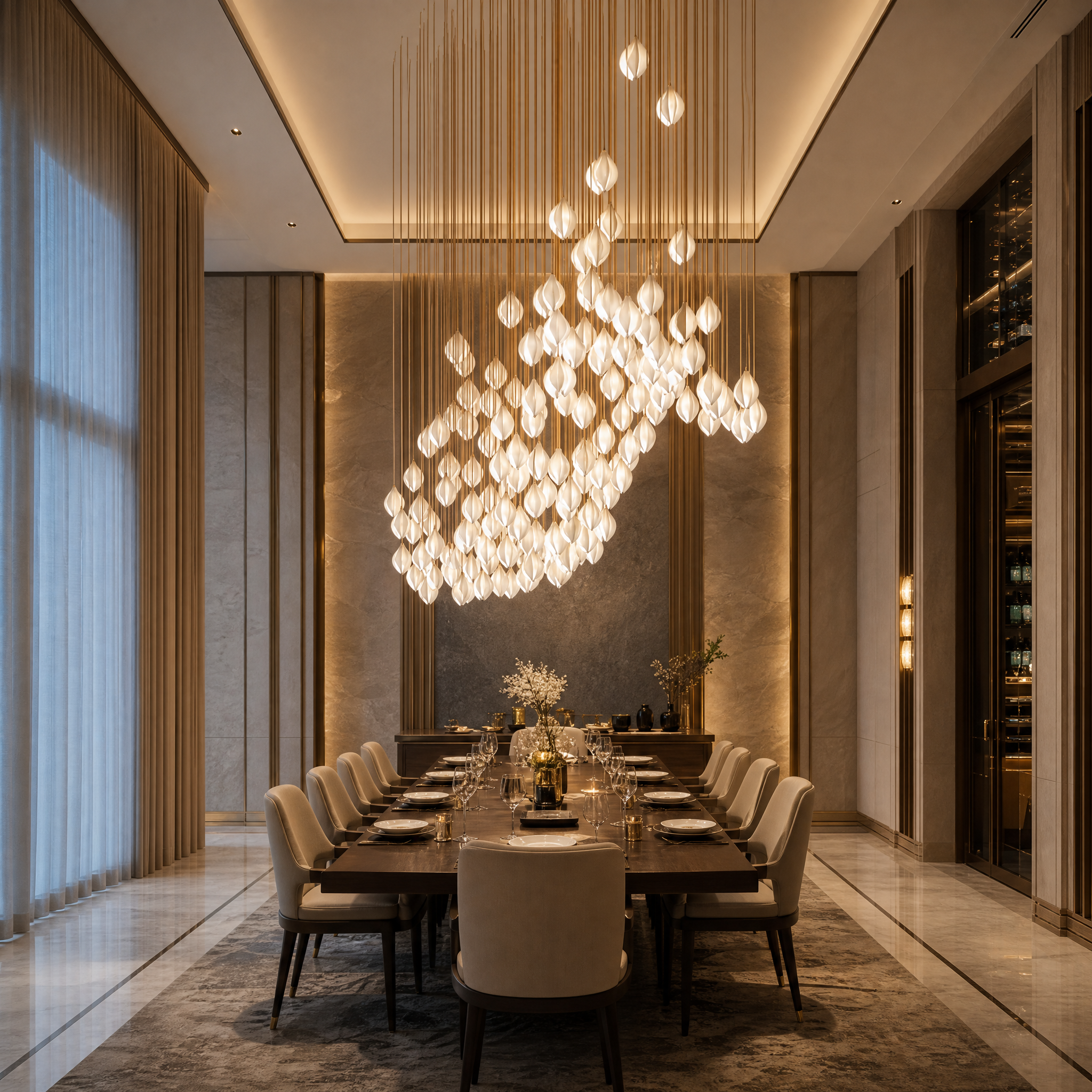 An elegant VORELLI Silent Bloom modern pendant light feature hanging gracefully in a high-end hospitality interior or luxury hotel lobby.