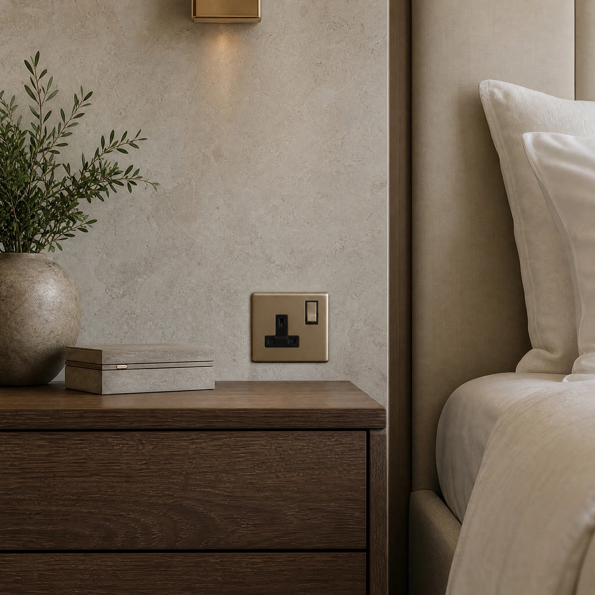 Luxury antique brass single socket installed within bespoke bedside joinery or stone wall beside a luxury seating area in a UHNW interior by VORELLI®.