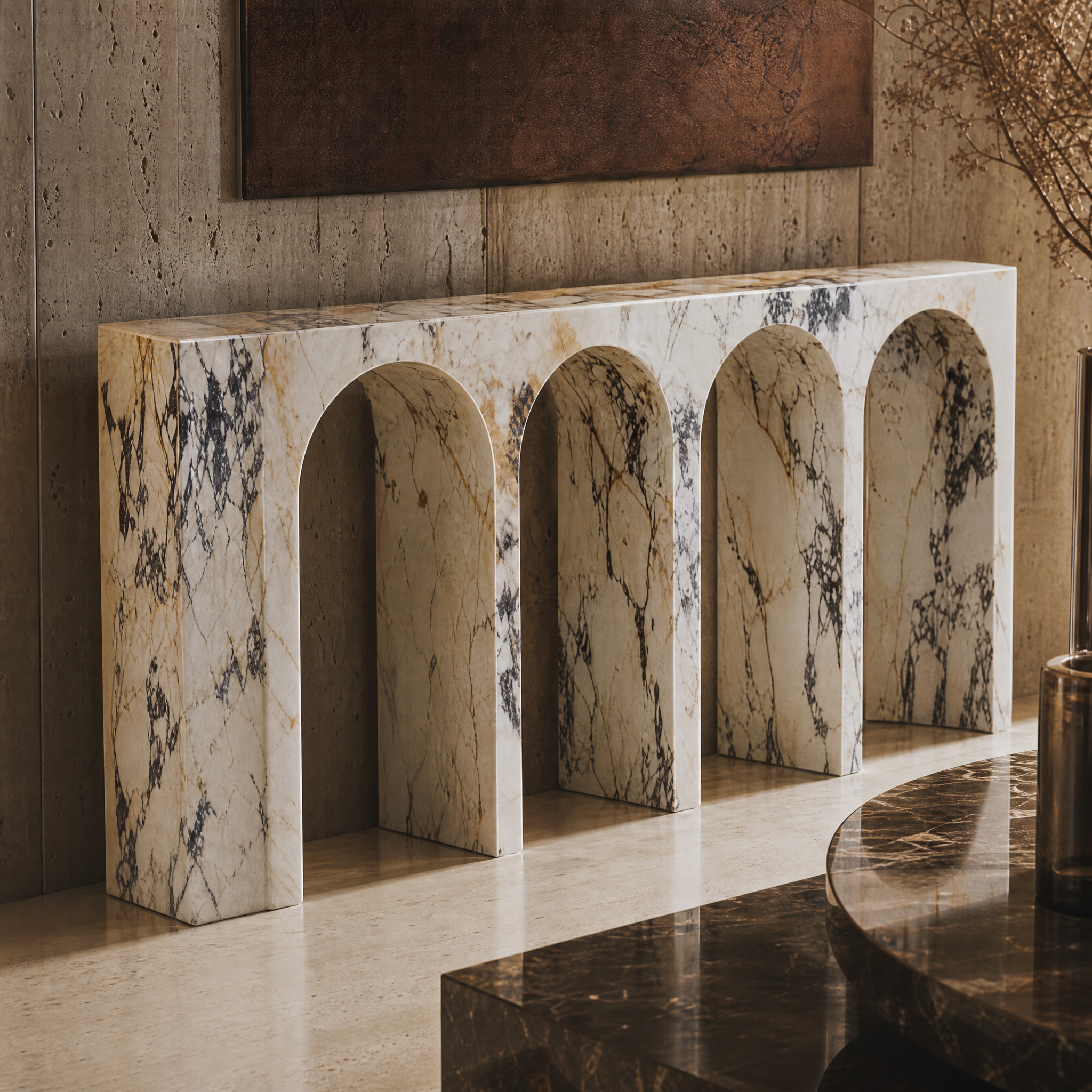 Detailed closeup of the VORELLI Sirena console table highlighting the rich organic patterning and honed texture of the luxury Viola marble.