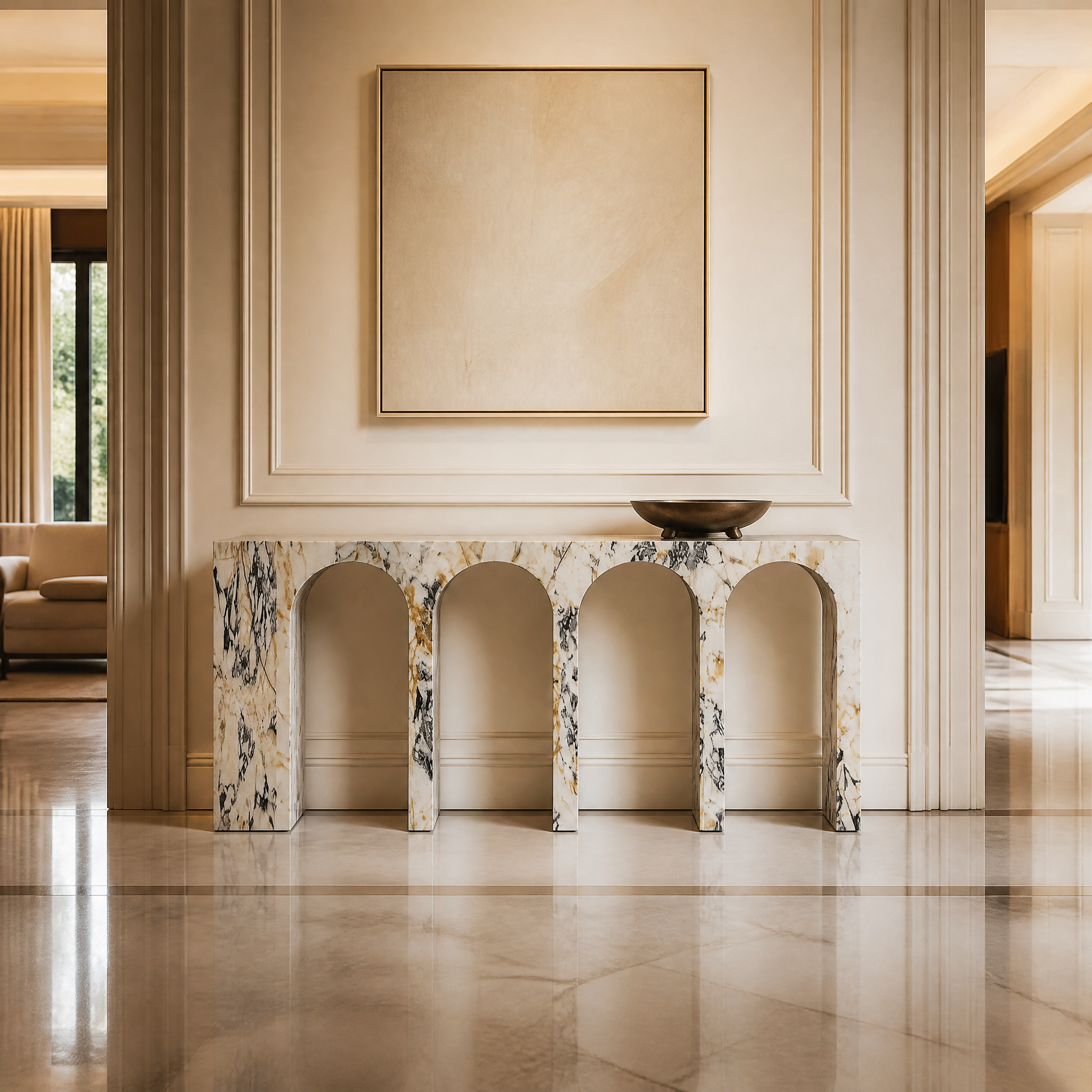 The VORELLI Sirena Viola marble console table styled elegantly in a contemporary residential hallway with minimalist decor.