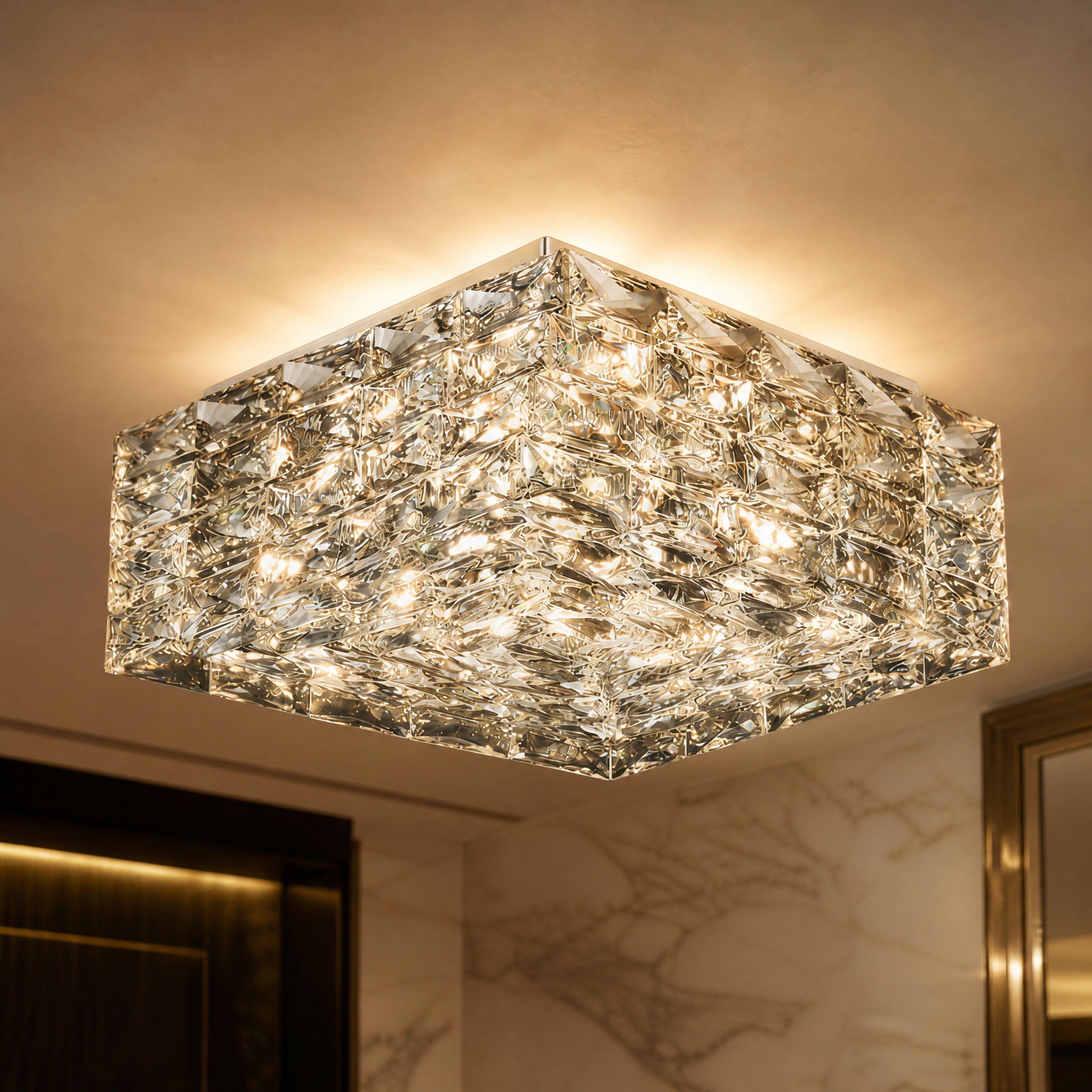 A detailed closeup of the diamond-cut rectangle crystals on the Vorelli Sitka ceiling light, capturing the intricate glasswork and brilliant light refraction.